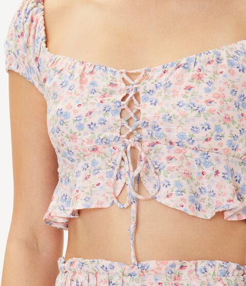 Floral Laced-Front Crop Top Floral Laced-Front Crop Top