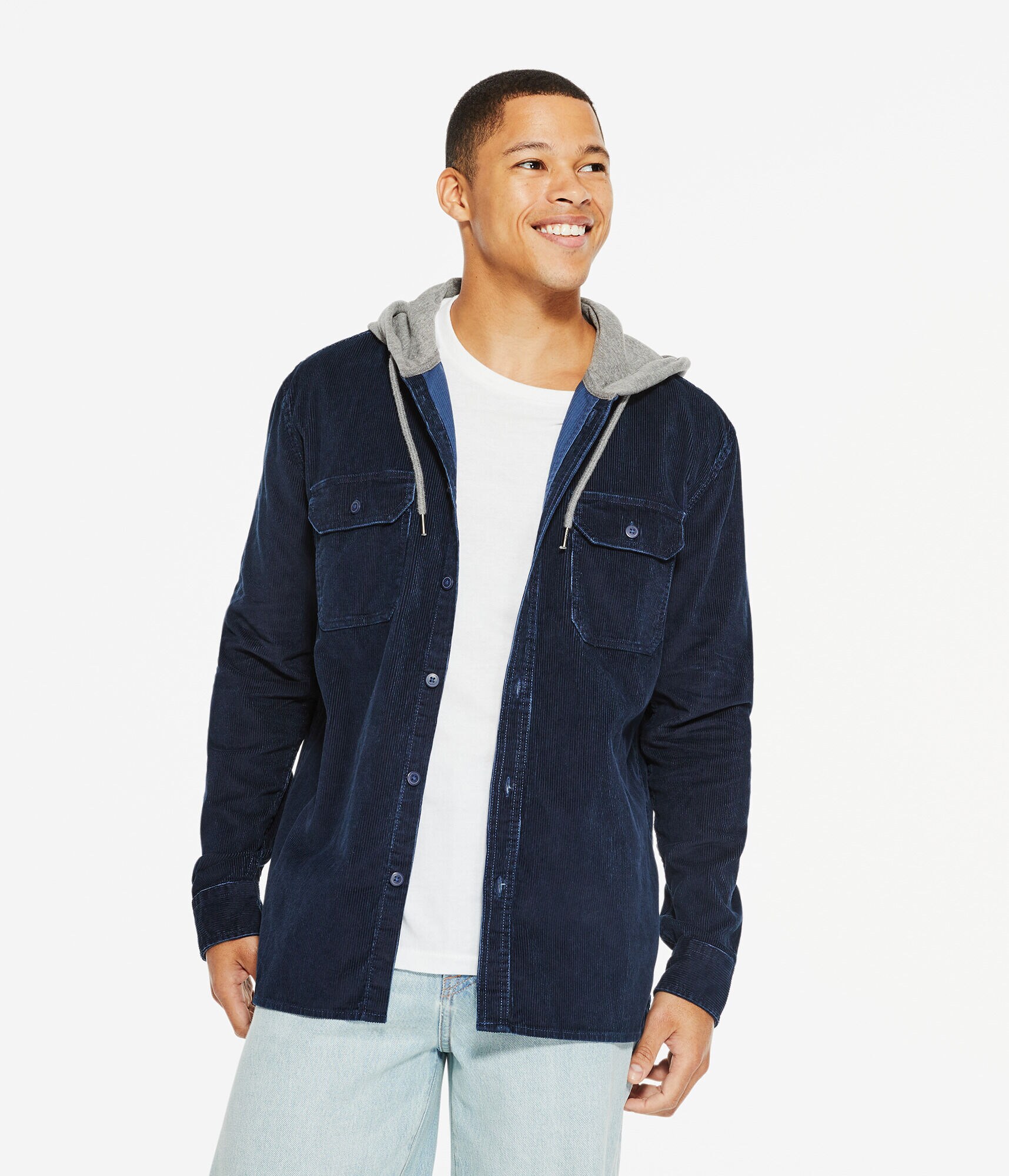 Long Sleeve Hooded Corduroy Button-Down Shirt