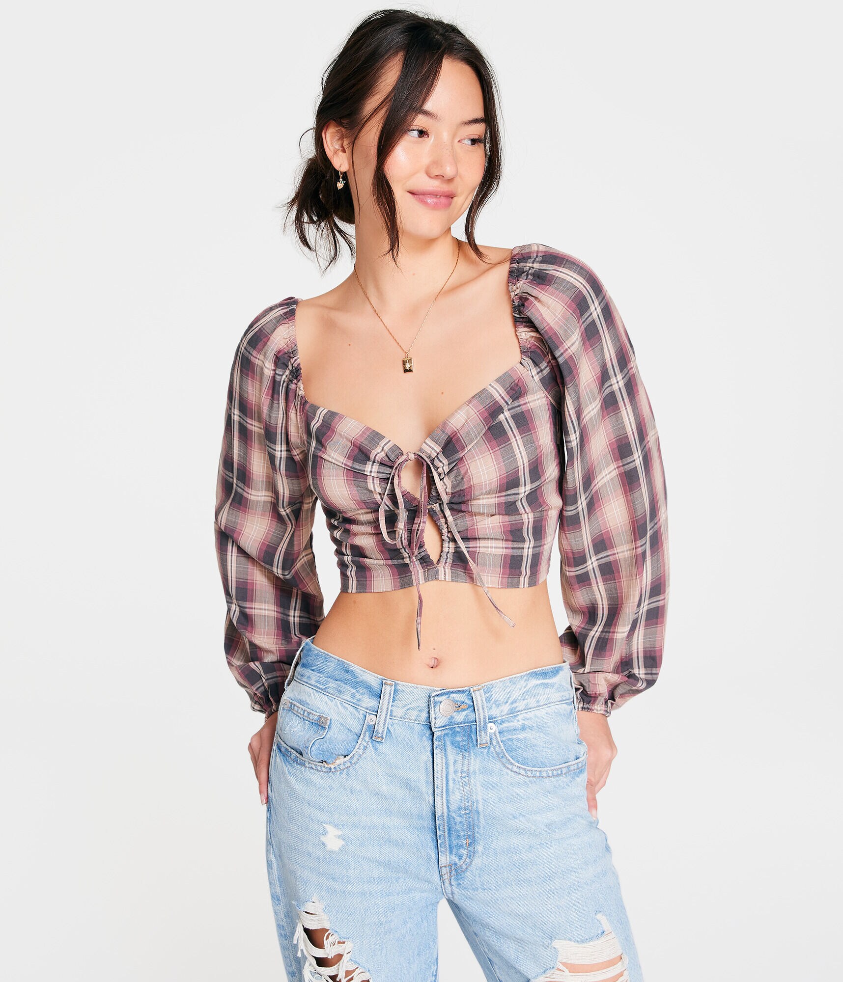 Long Sleeve Plaid Double-Keyhole Crop Top