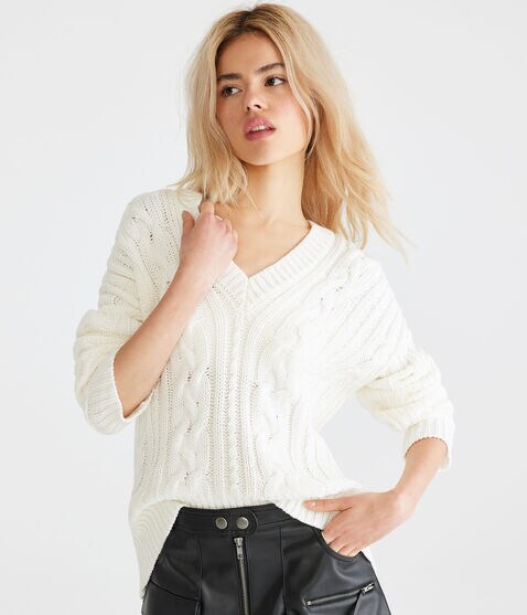 Cable-Knit V-Neck Sweater