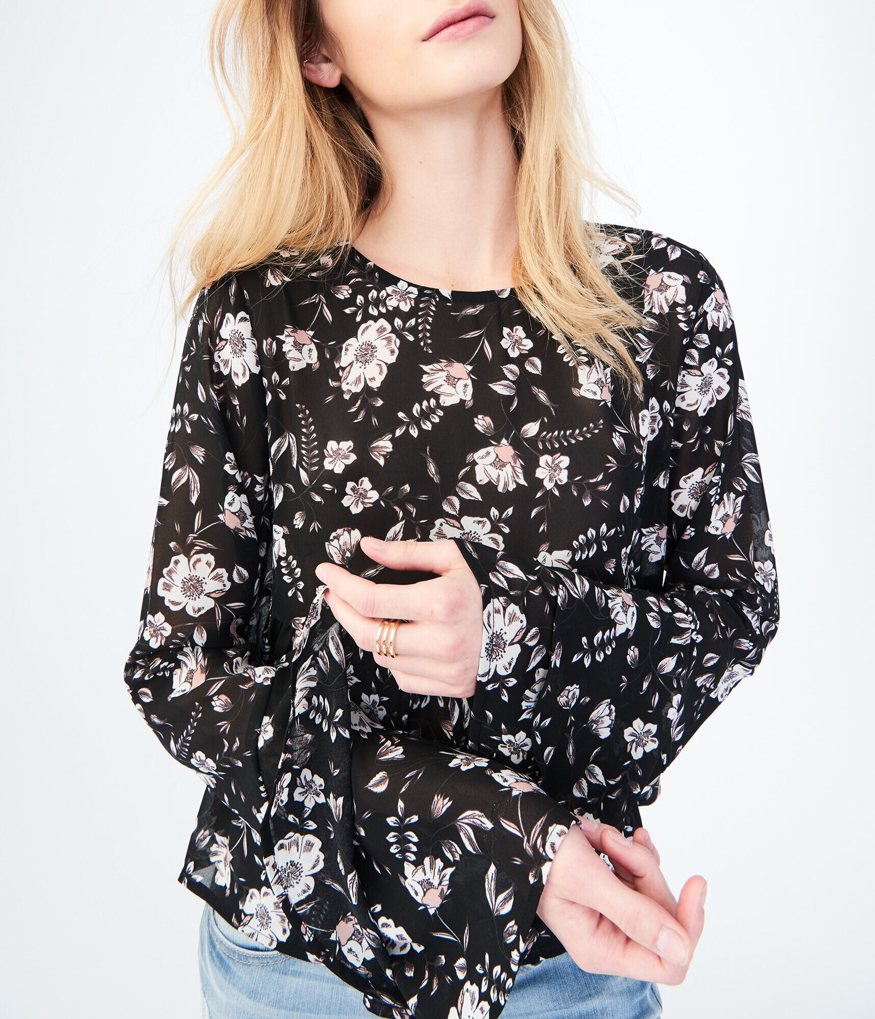 Long Bell Sleeve Floral Ruffle Top