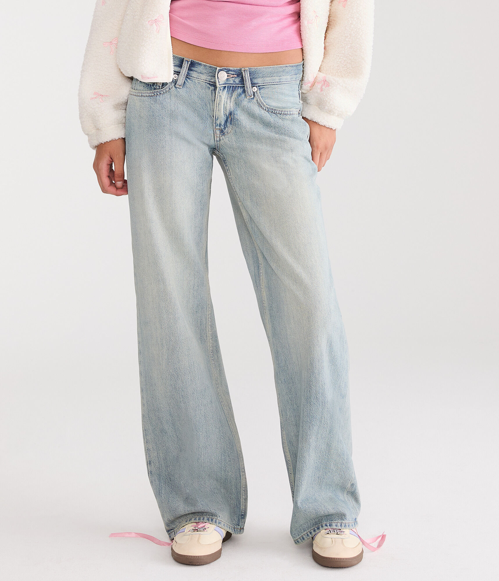 Super Low-Rise Baggy Wide Leg Rhinestone Bow Jean