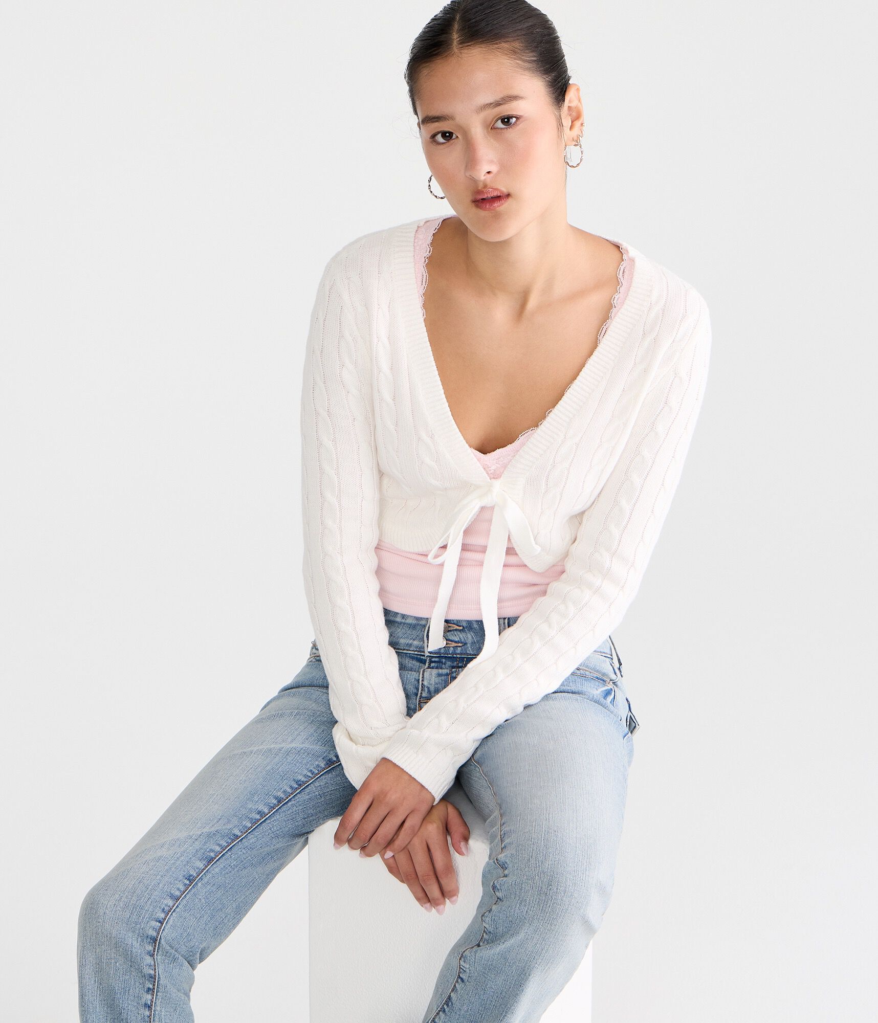 Long Sleeve Cable Tie-Front Sweater Shrug