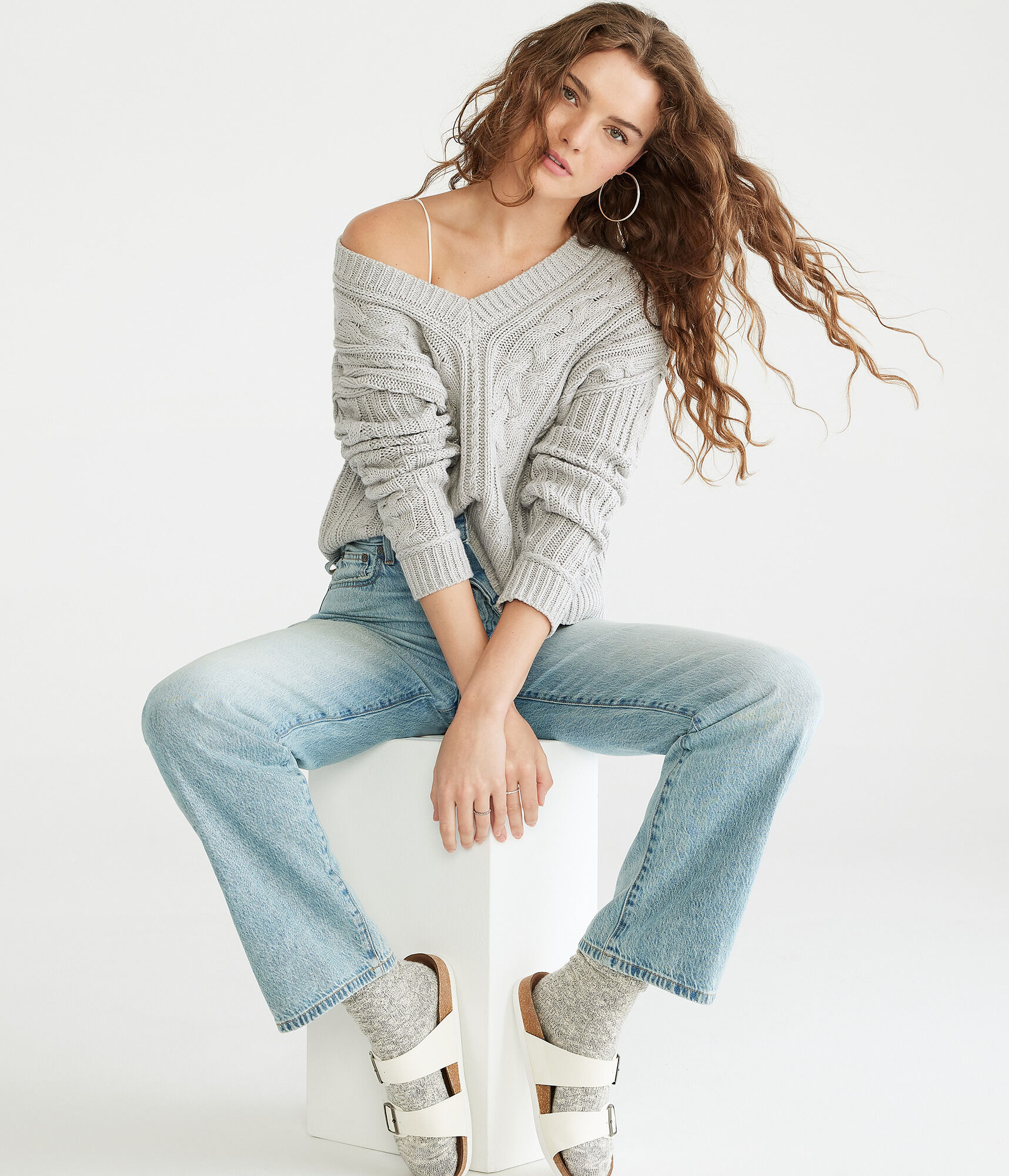 Cable-Knit V-Neck Sweater