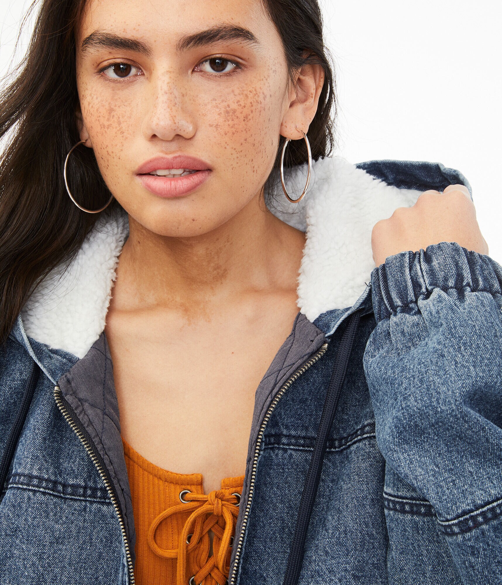 Denim Sherpa Hooded Cropped Jacket