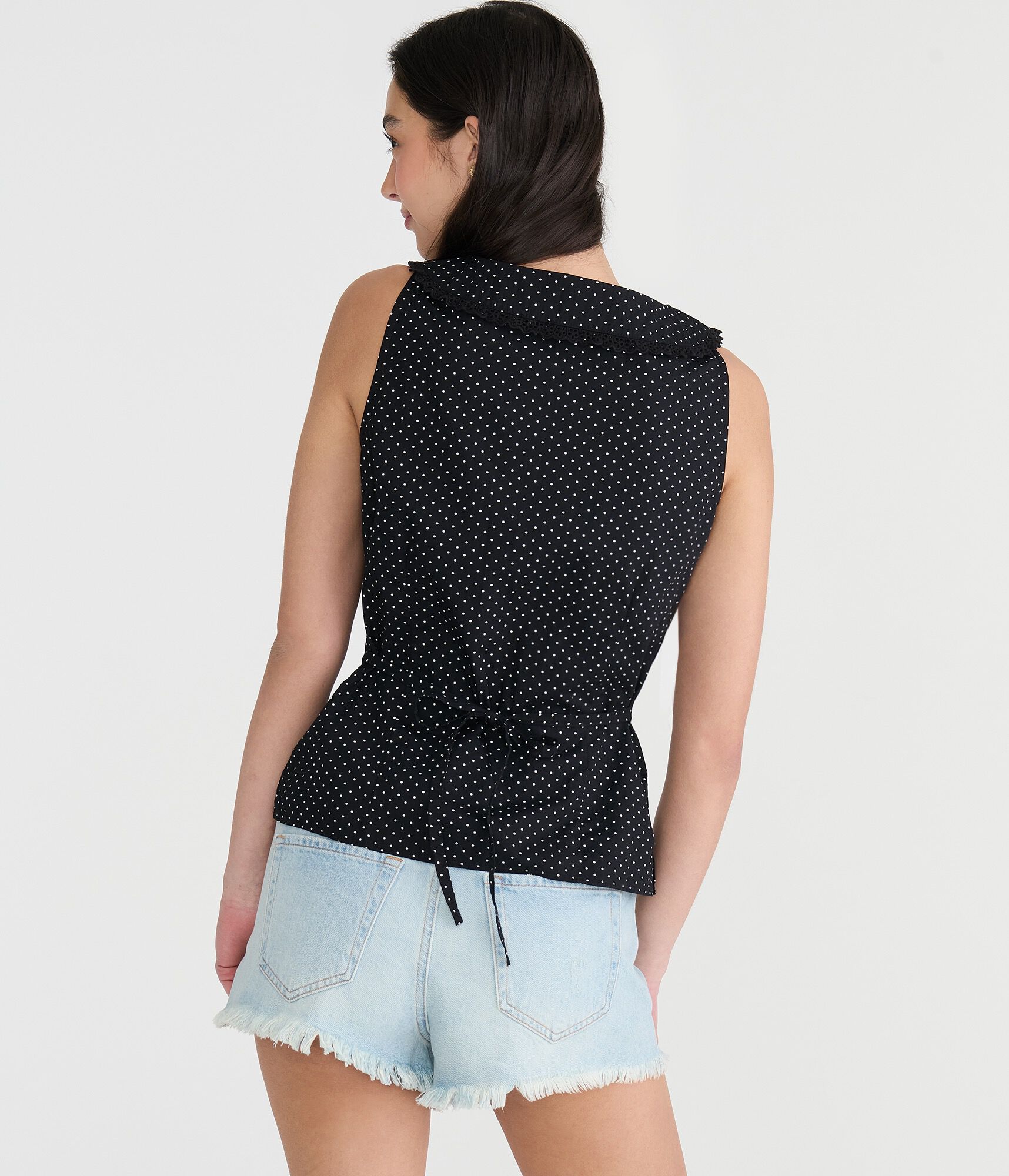Polka Dot Tie-Back Sleeveless Peter Pan Top