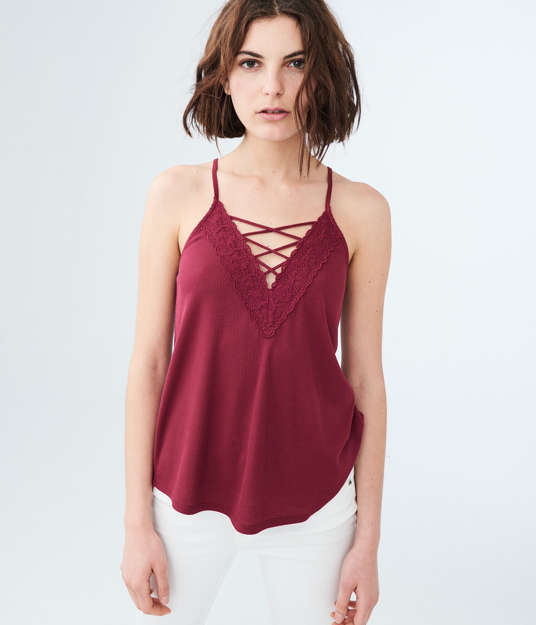 Solid Lace-Up V-Neck Tank