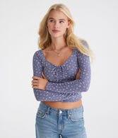 Long Sleeve Floral Cinch-Front V-Neck Crop Top