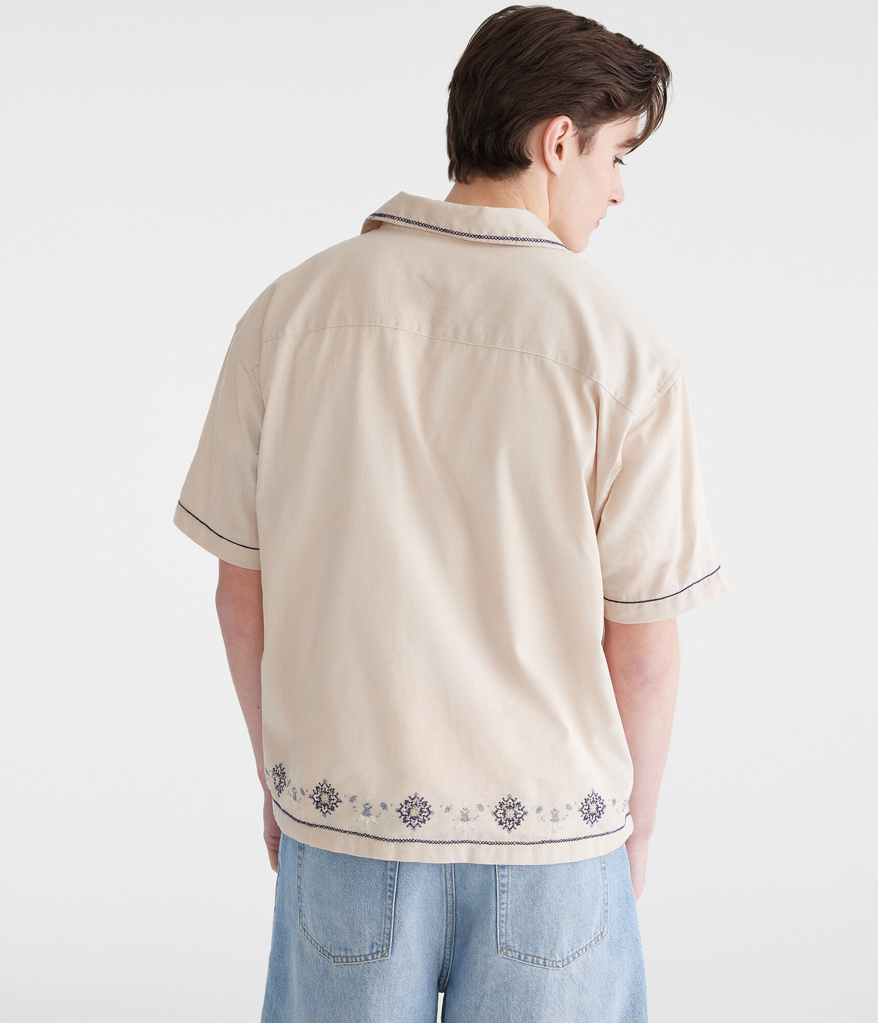 Floral Border Boxy Linen Camp Shirt