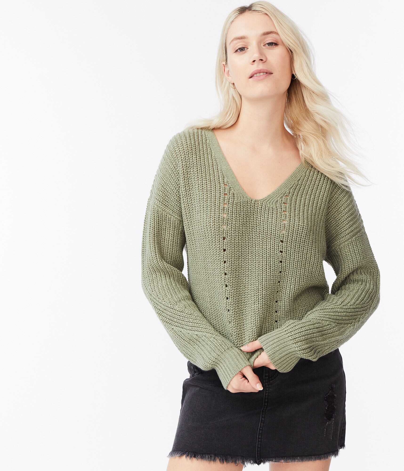 Pointelle Crisscross-Back V-Neck Sweater