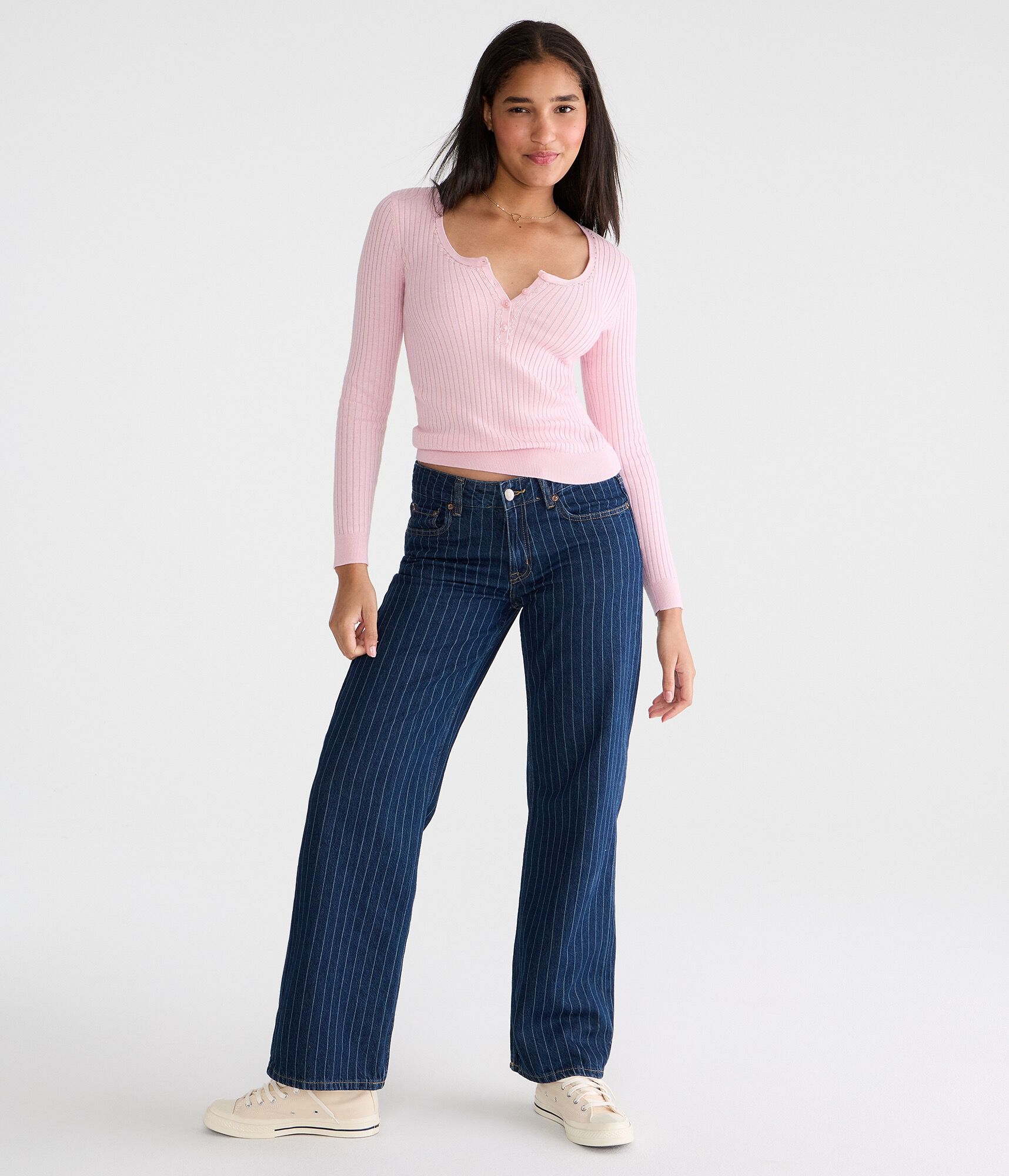 Beaded Ribbed Henley Sweater