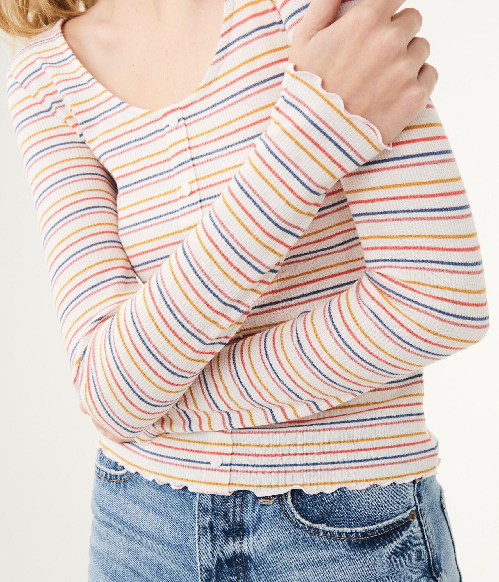 Long Sleeve Striped Lettuce-Trim Henley