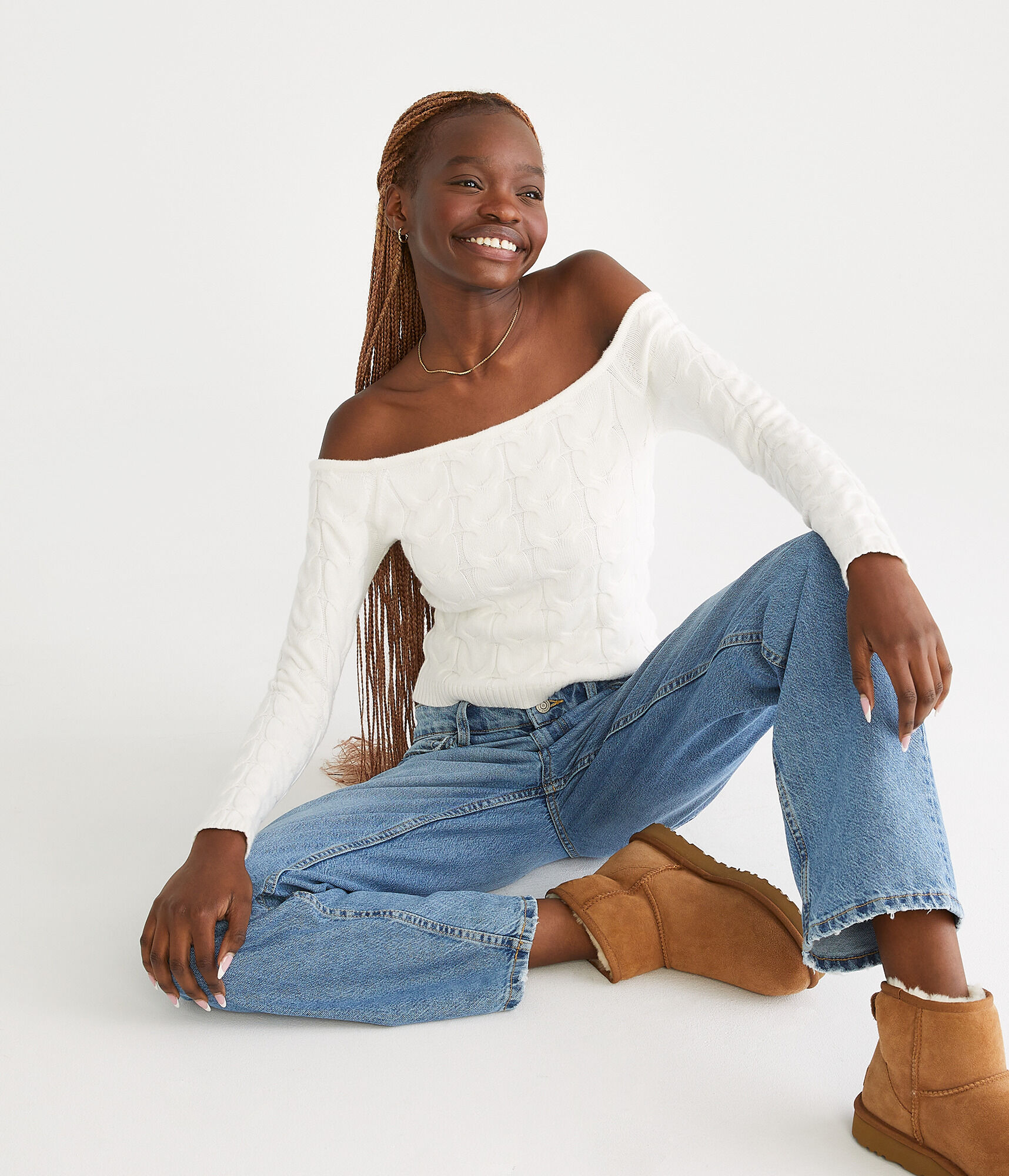 Cable Cropped Off-The-Shoulder Sweater