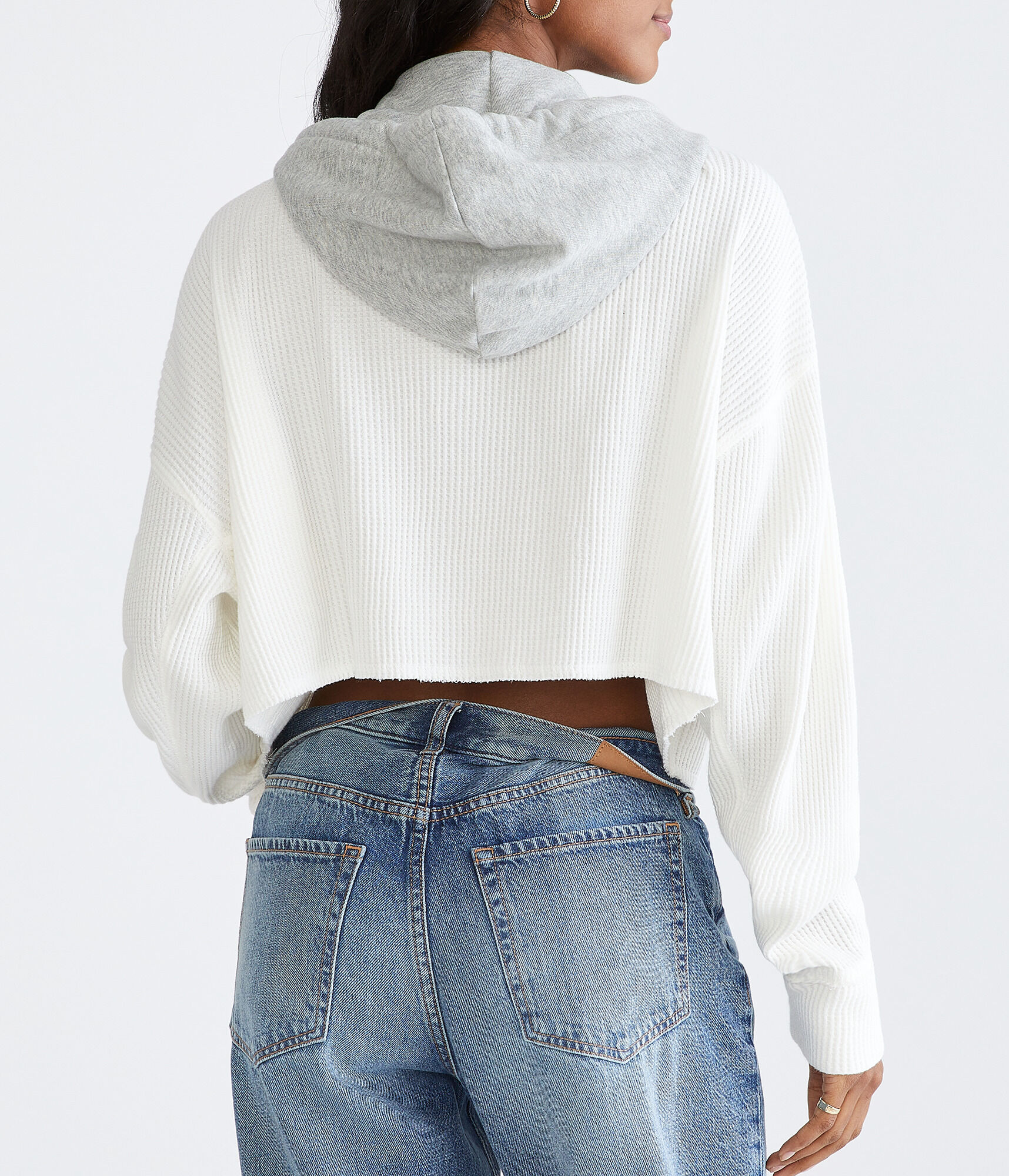 Hooded Waffle-Knit Cropped Jacket