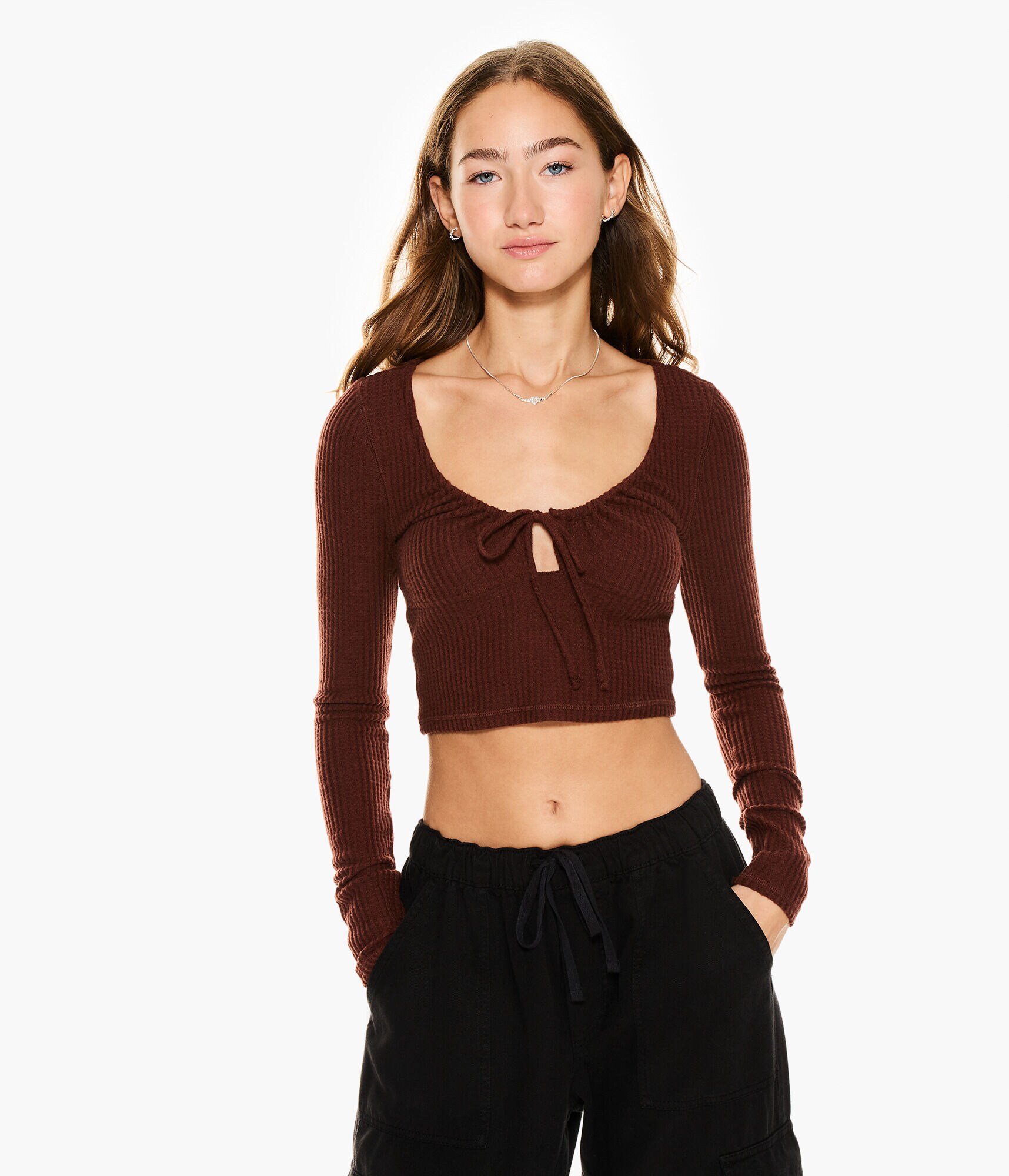 Long Sleeve Tie-Front Cropped Shrunken Tee