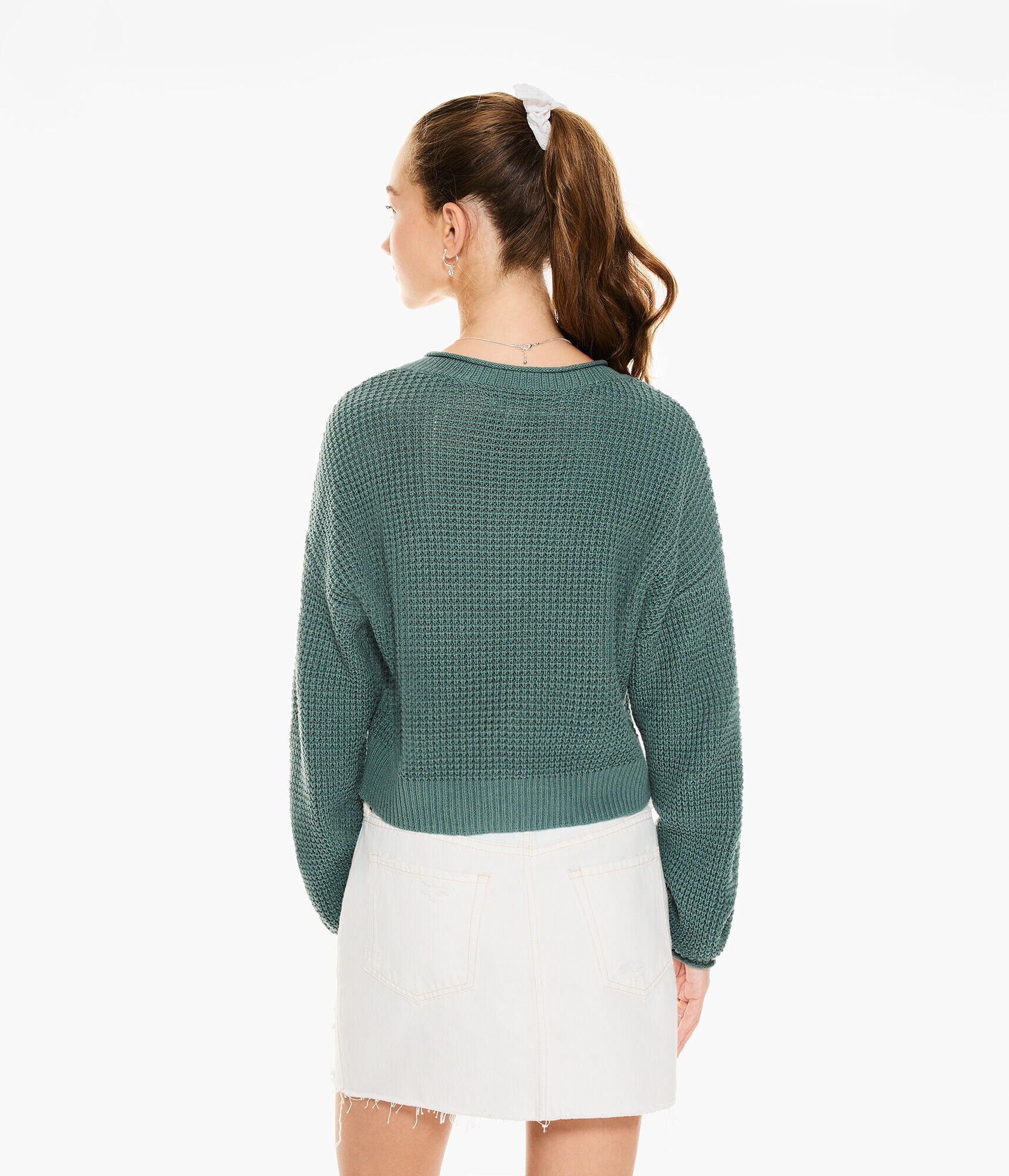 Waffle-Knit Cropped Henley Sweater