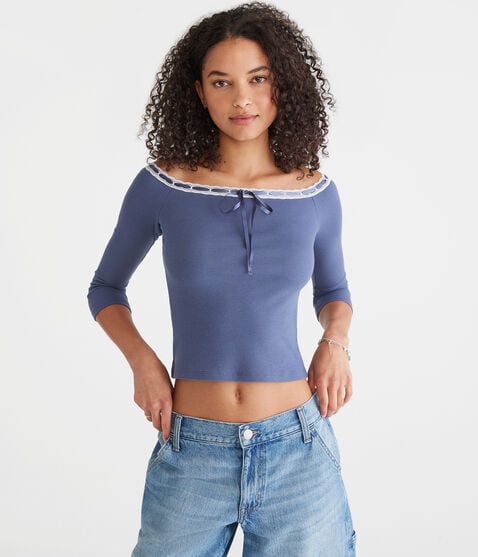 3/4 Sleeve Ribbon Off-The-Shoulder Tee 3/4 Sleeve Ribbon Off-The-Shoulder Tee