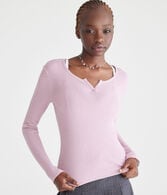 Long Sleeve Waffle Notch-Neck Shrunken Tee
