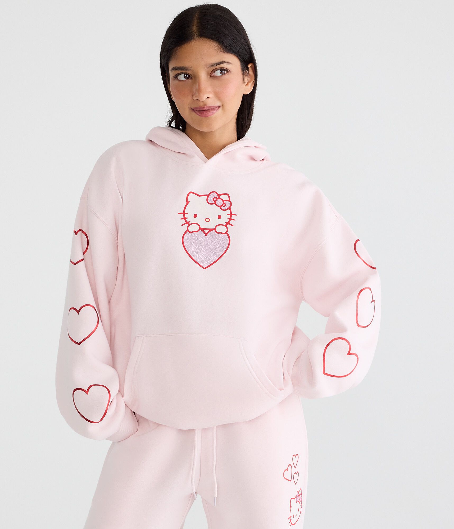 Hello Kitty Rhinestone Hearts Oversized Pullover Hoodie