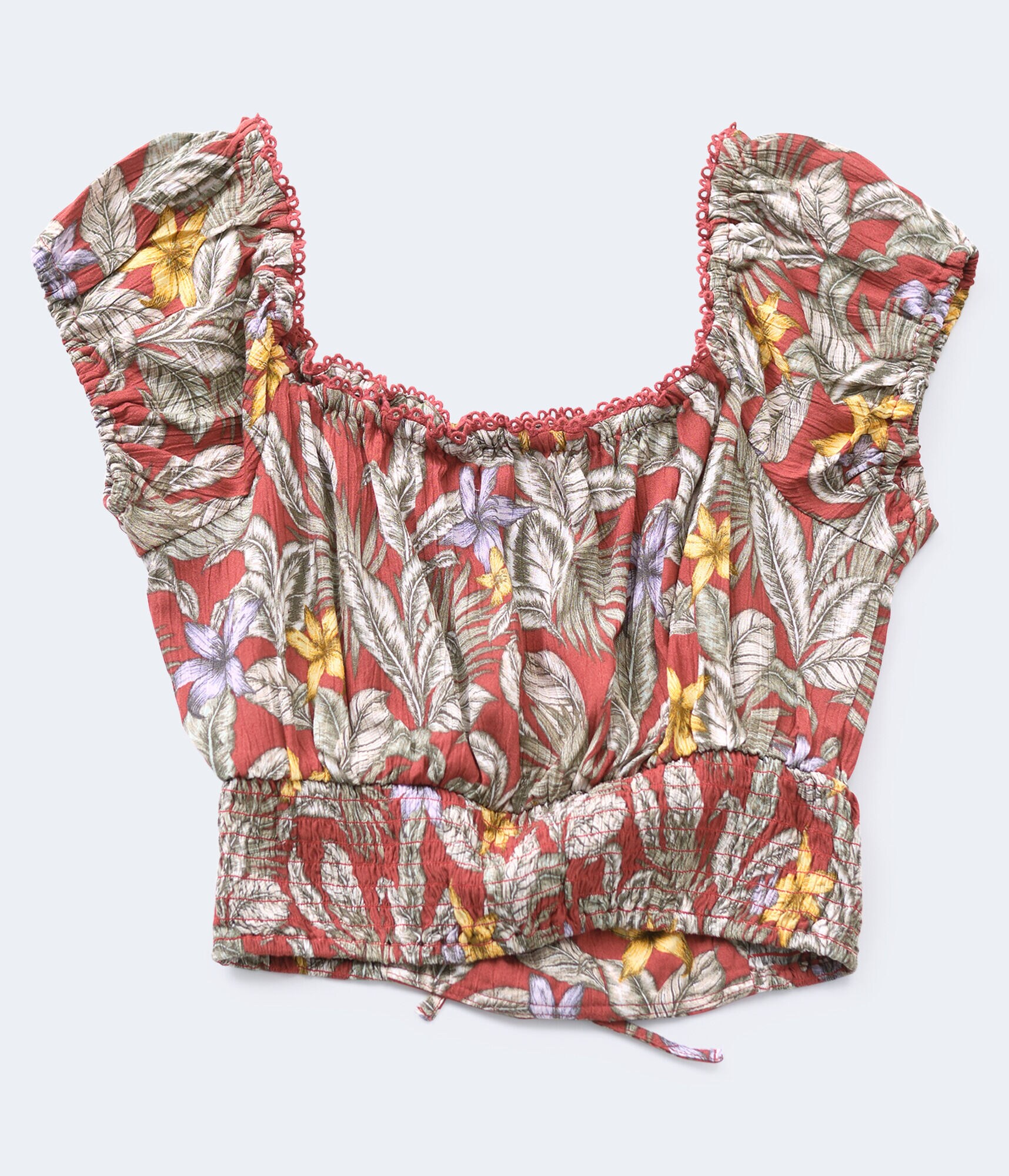 Tropical Off-The-Shoulder Lace-Up Crop Top