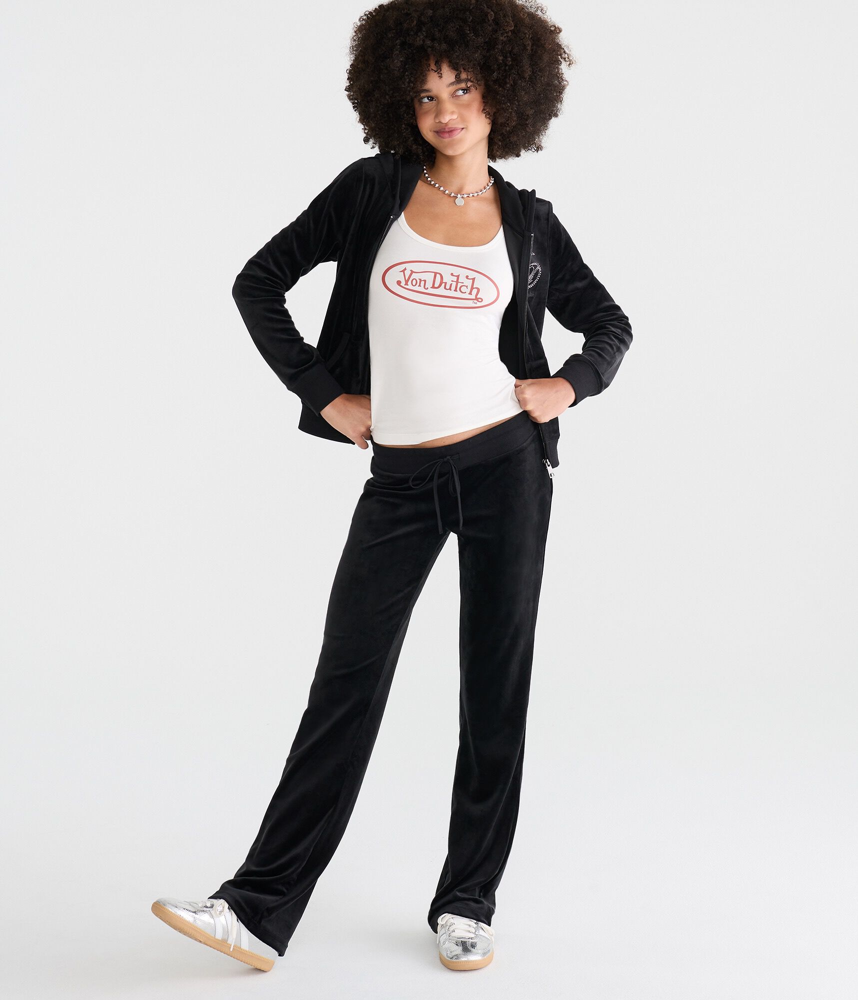 Von Dutch Rhinestone Low-Rise Velour Flare Leg Pants