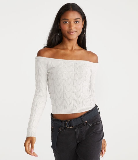 Cable Cropped Off-The-Shoulder Sweater