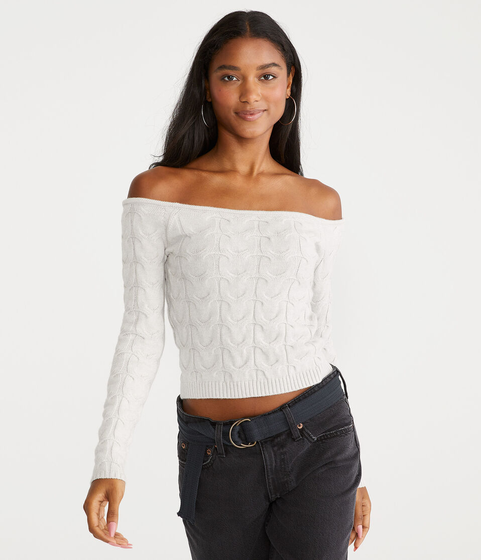 Cable Cropped Off-The-Shoulder Sweater