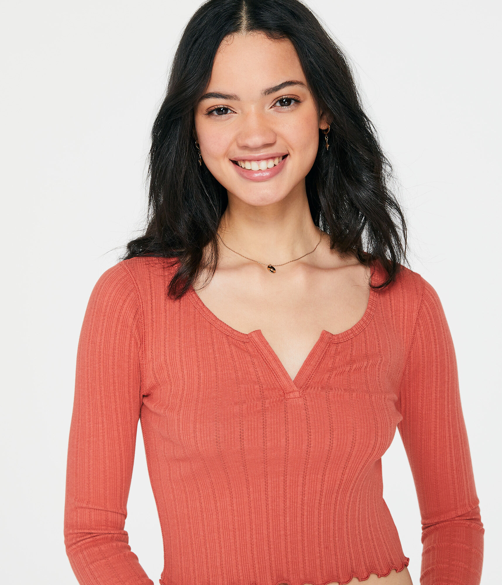 Long Sleeve Notch-Neck Cropped Shrunken Tee