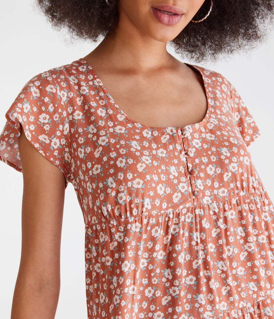 Floral Scoop-Neck Buttoned Babydoll Dress