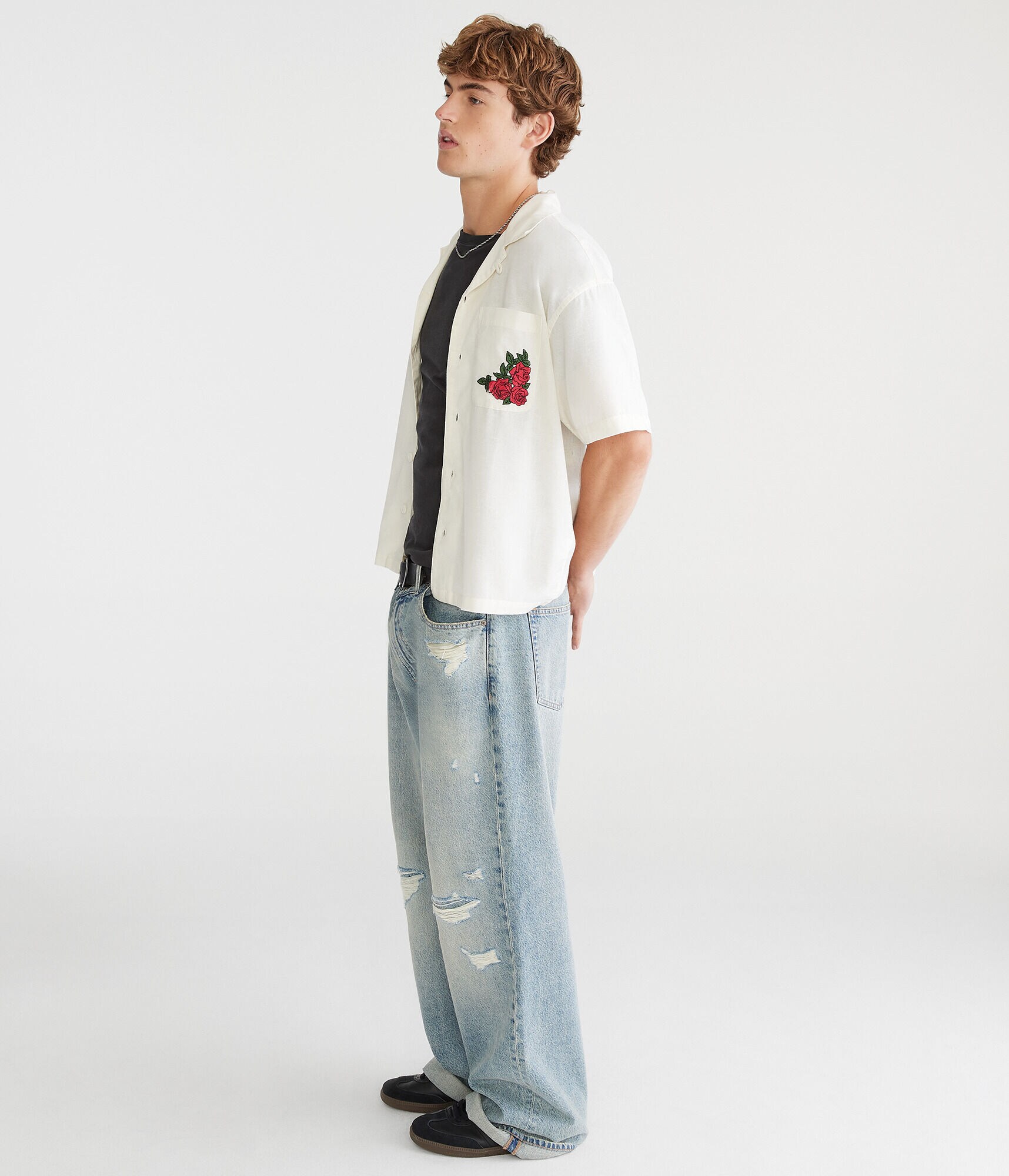 Short Sleeve Roses Auto Supply Boxy Linen Camp Shirt