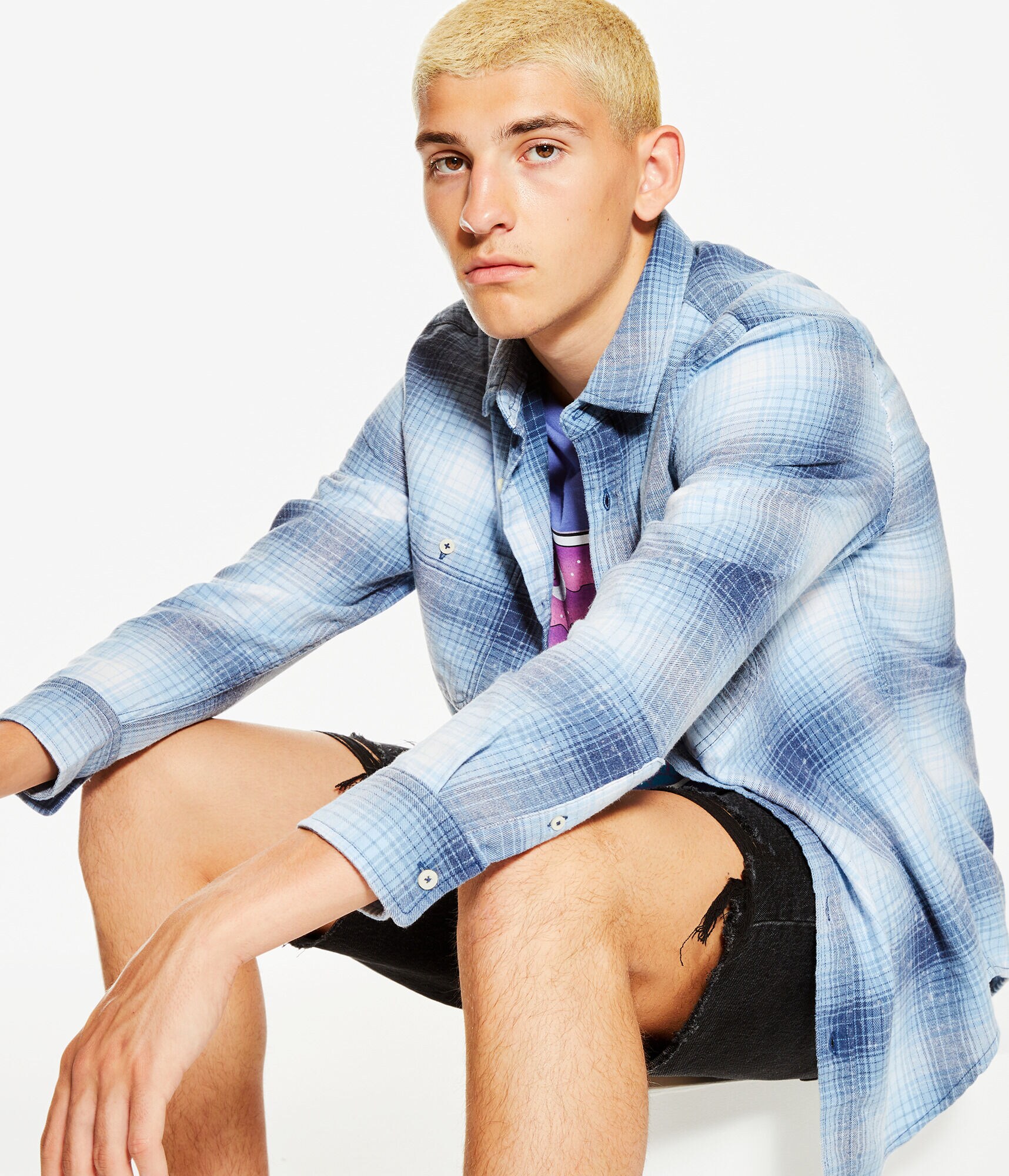 Long Sleeve Relaxed Bleached-Out Plaid Flannel Shirt