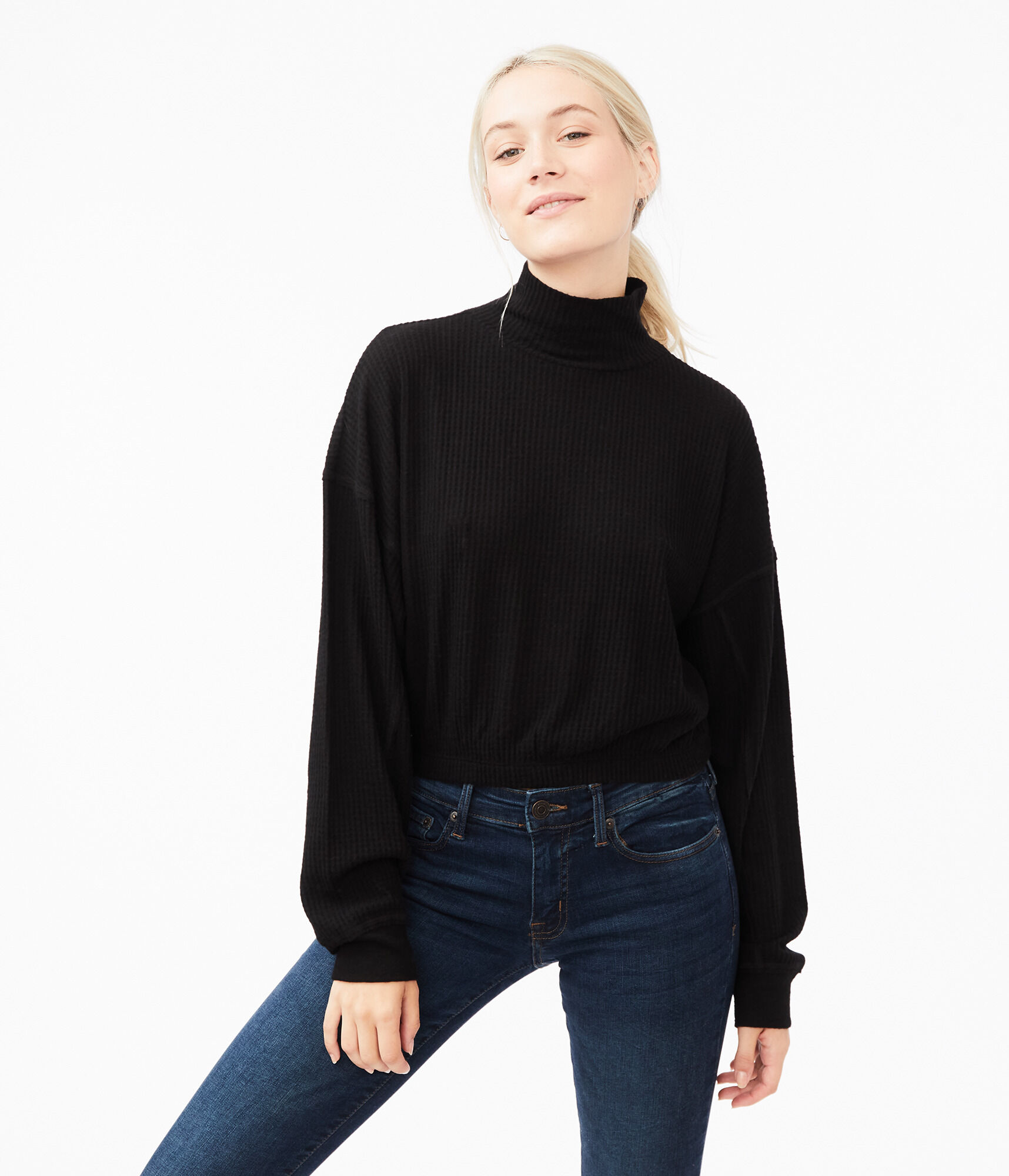 Long Sleeve Oversized Waffle-Knit Mock-Neck Top