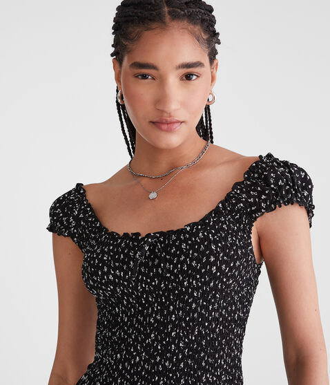 Floral Scoop-Neck Smocked Fit & Flare Dress Floral Scoop-Neck Smocked Fit & Flare Dress
