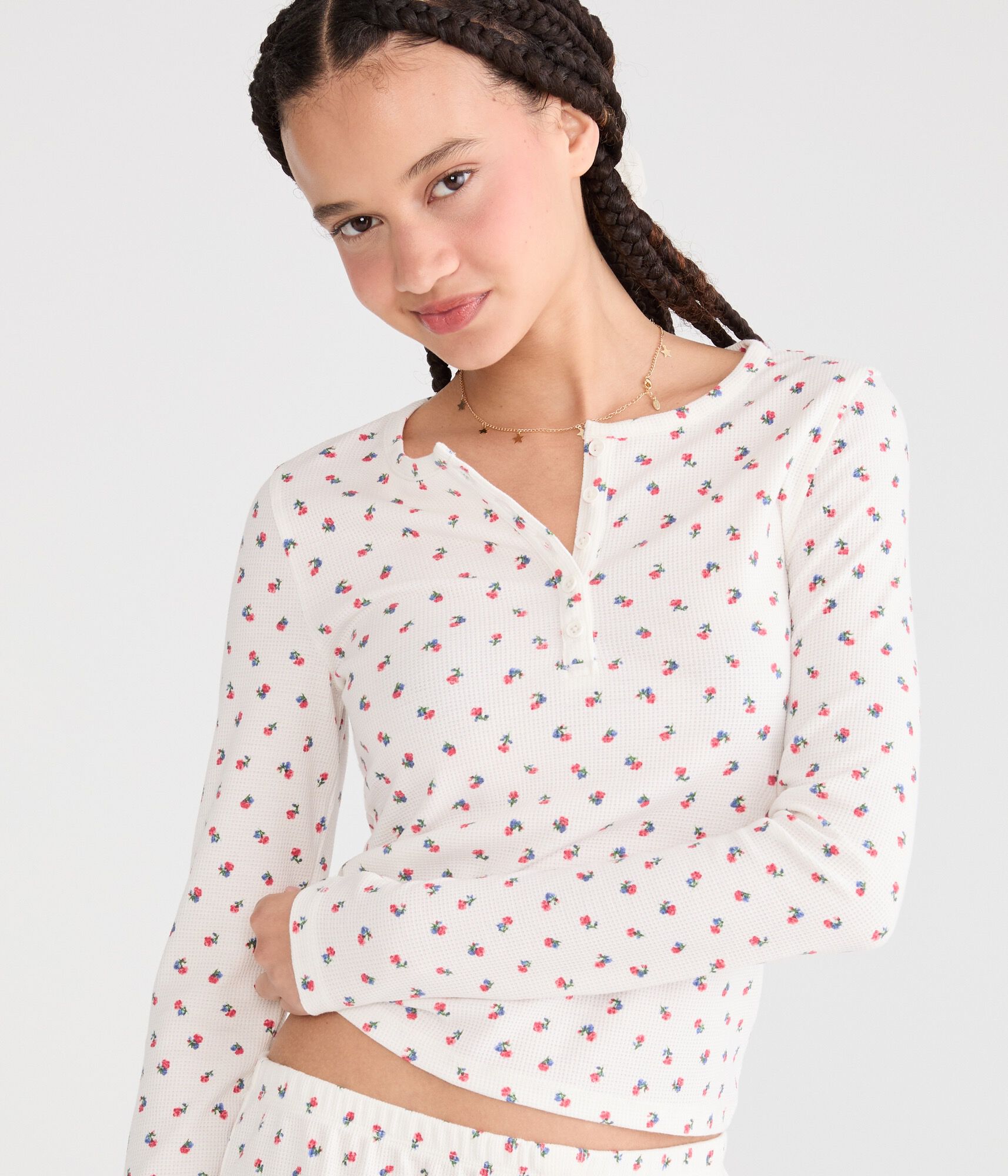 Long Sleeve Floral Waffle Henley Sleep Tee