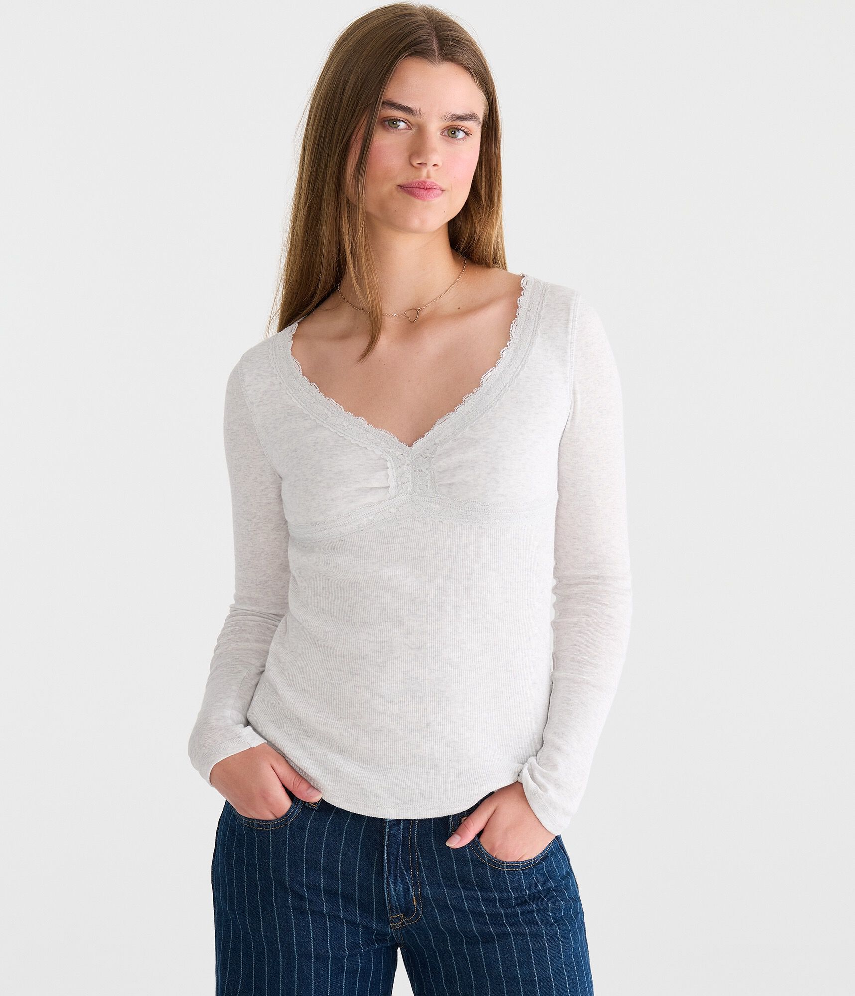 Long Sleeve Seriously Soft Y2K Lace V-Neck Tee