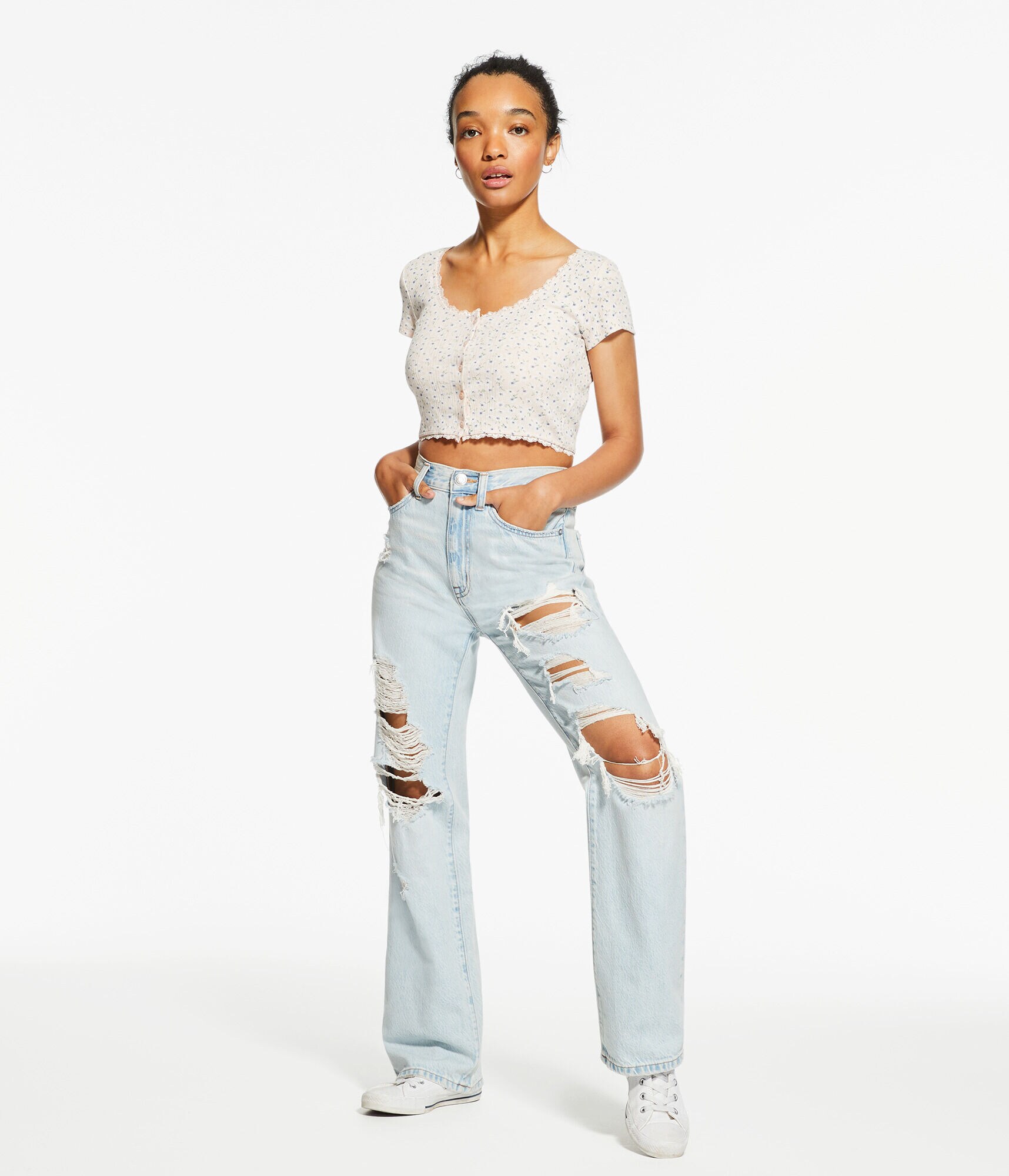 Floral Lacy Button-Up Crop Top