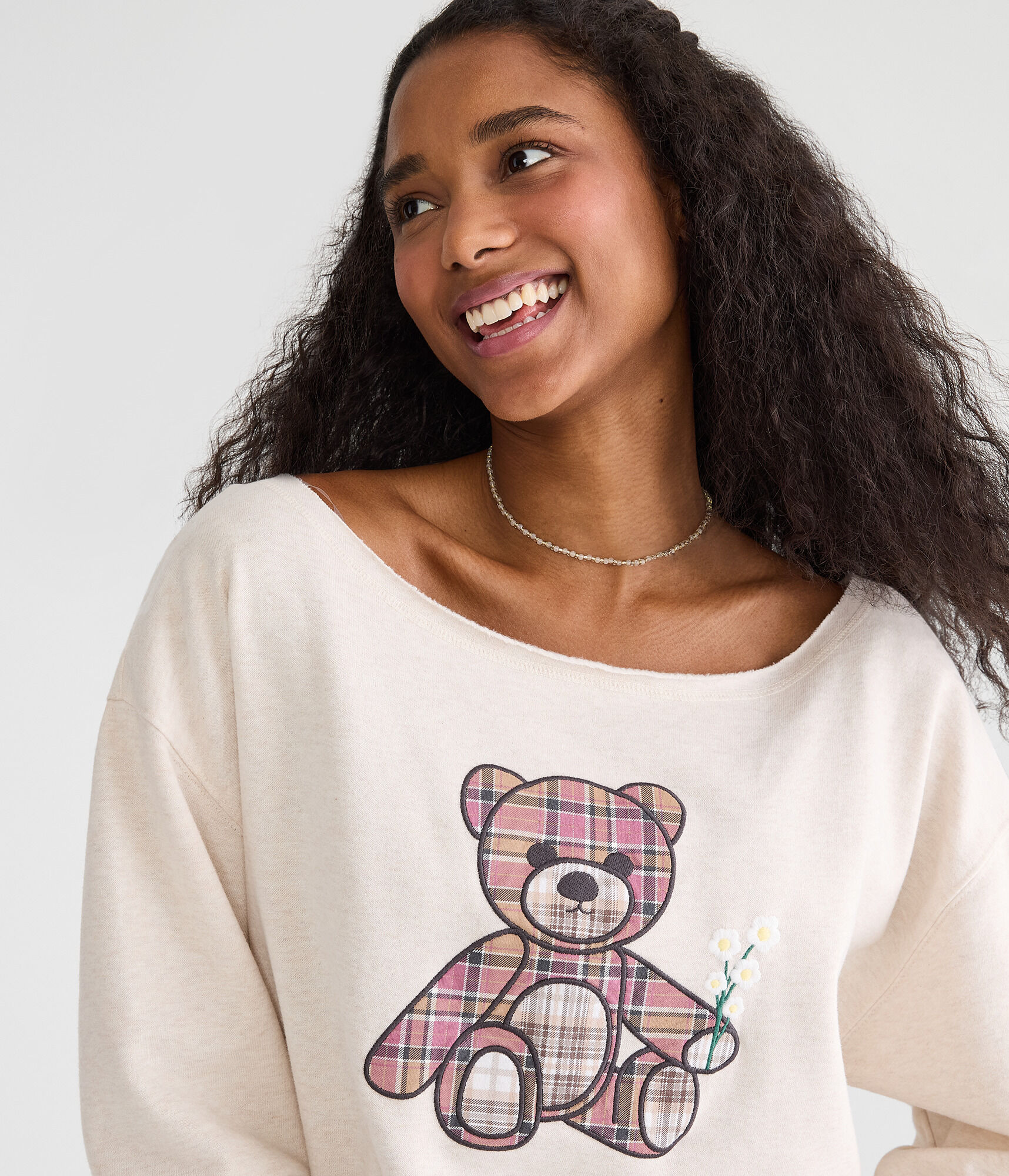 Plaid Teddy Bear Off-The-Shoulder Sweatshirt