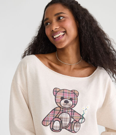 Cloud Soft Plaid Teddy Bear Off-The-Shoulder Sweatshirt Cloud Soft Plaid Teddy Bear Off-The-Shoulder Sweatshirt