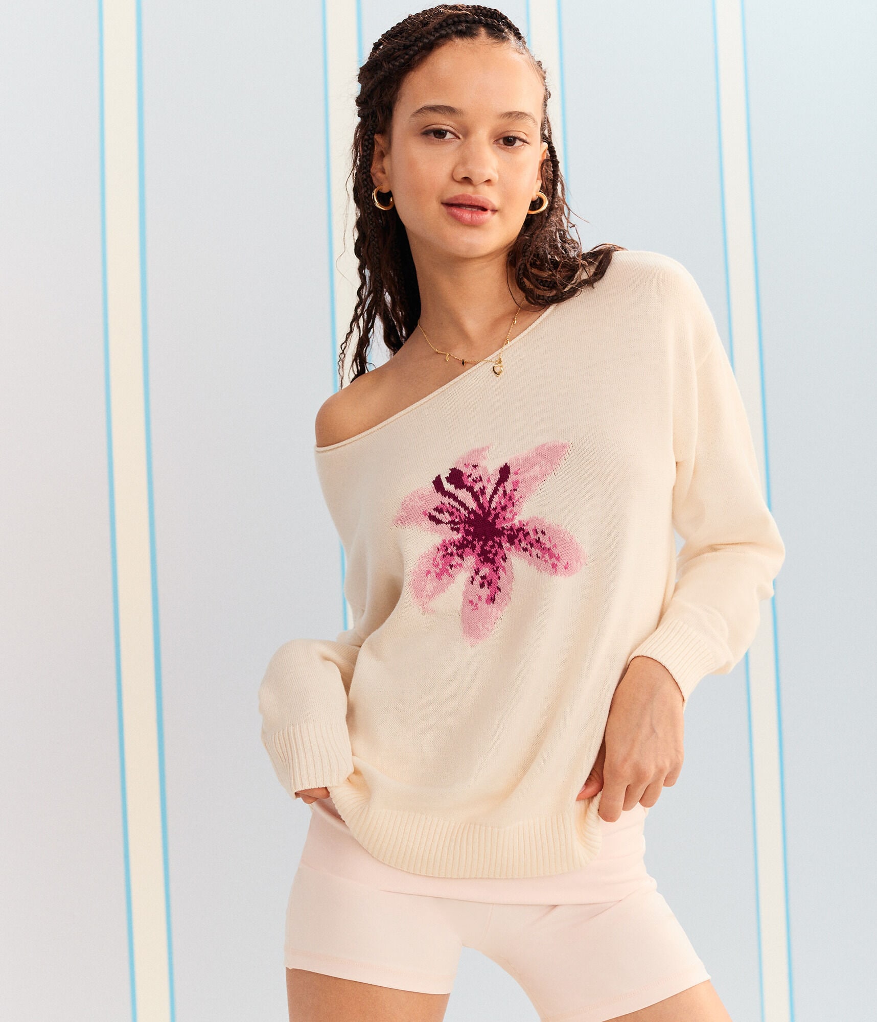Demetra for Aero Flower Slash-Neck Sweater