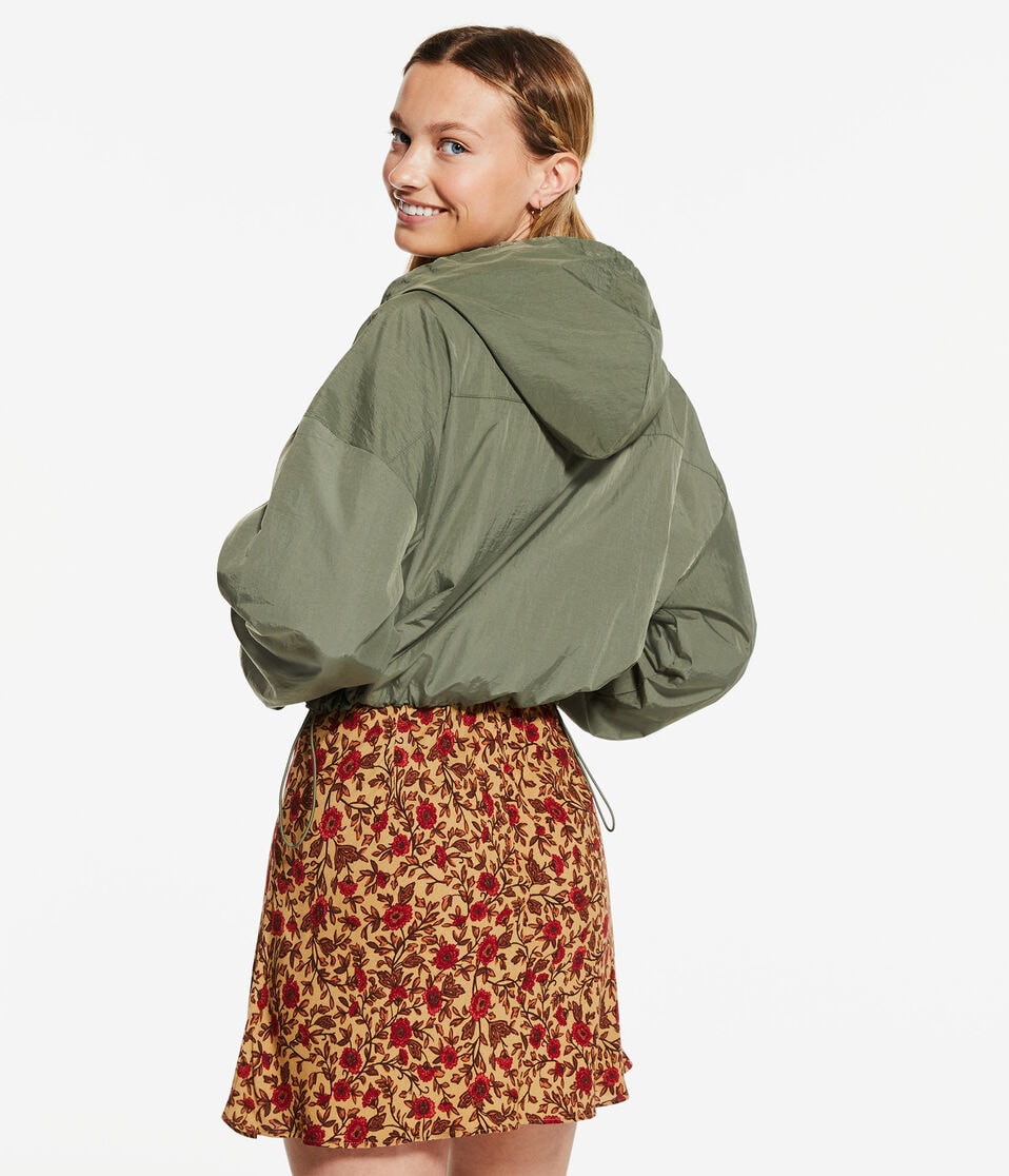 Solid Cropped Hooded Windbreaker Jacket