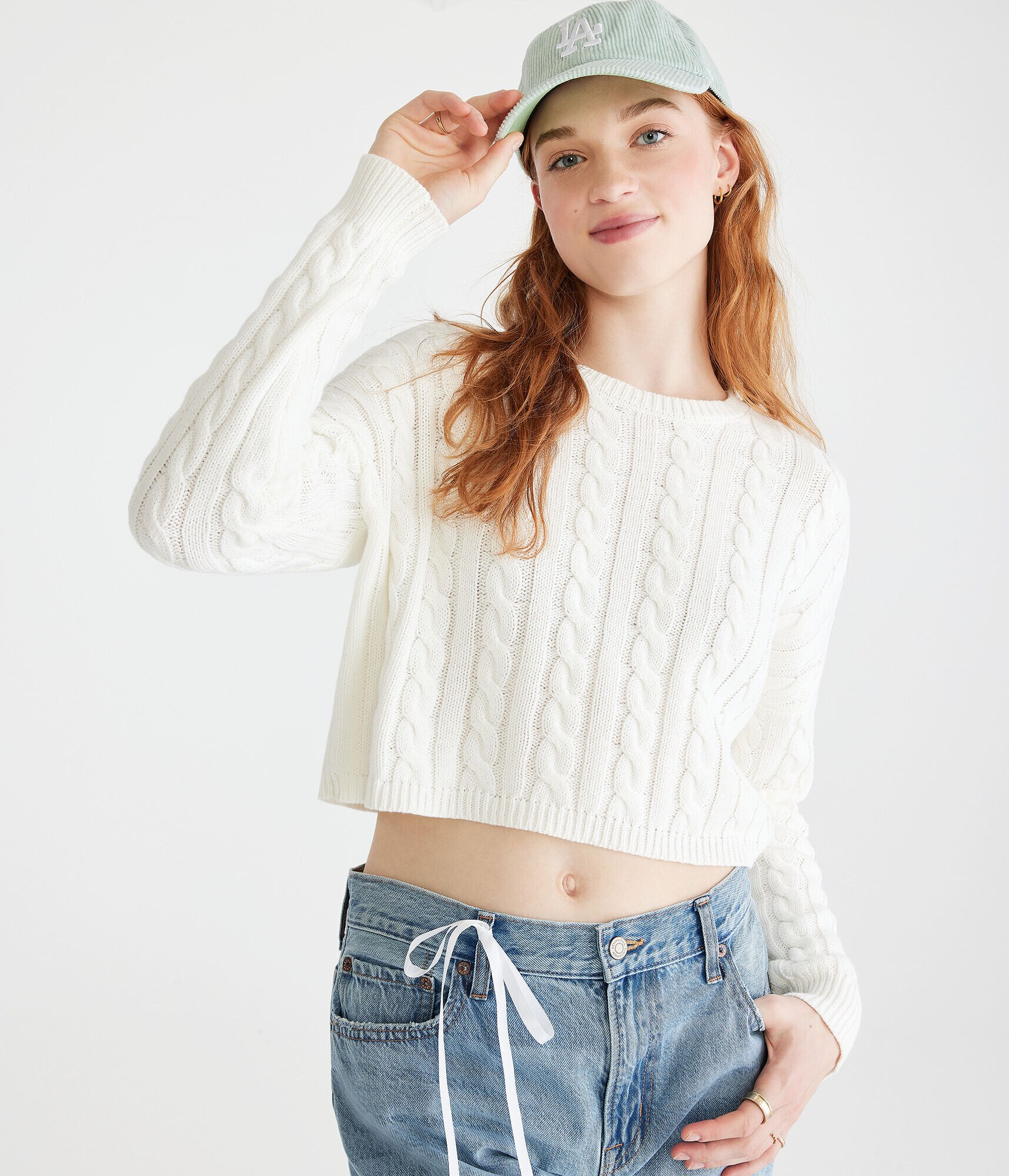 Cable-Knit Cropped Crew Sweater