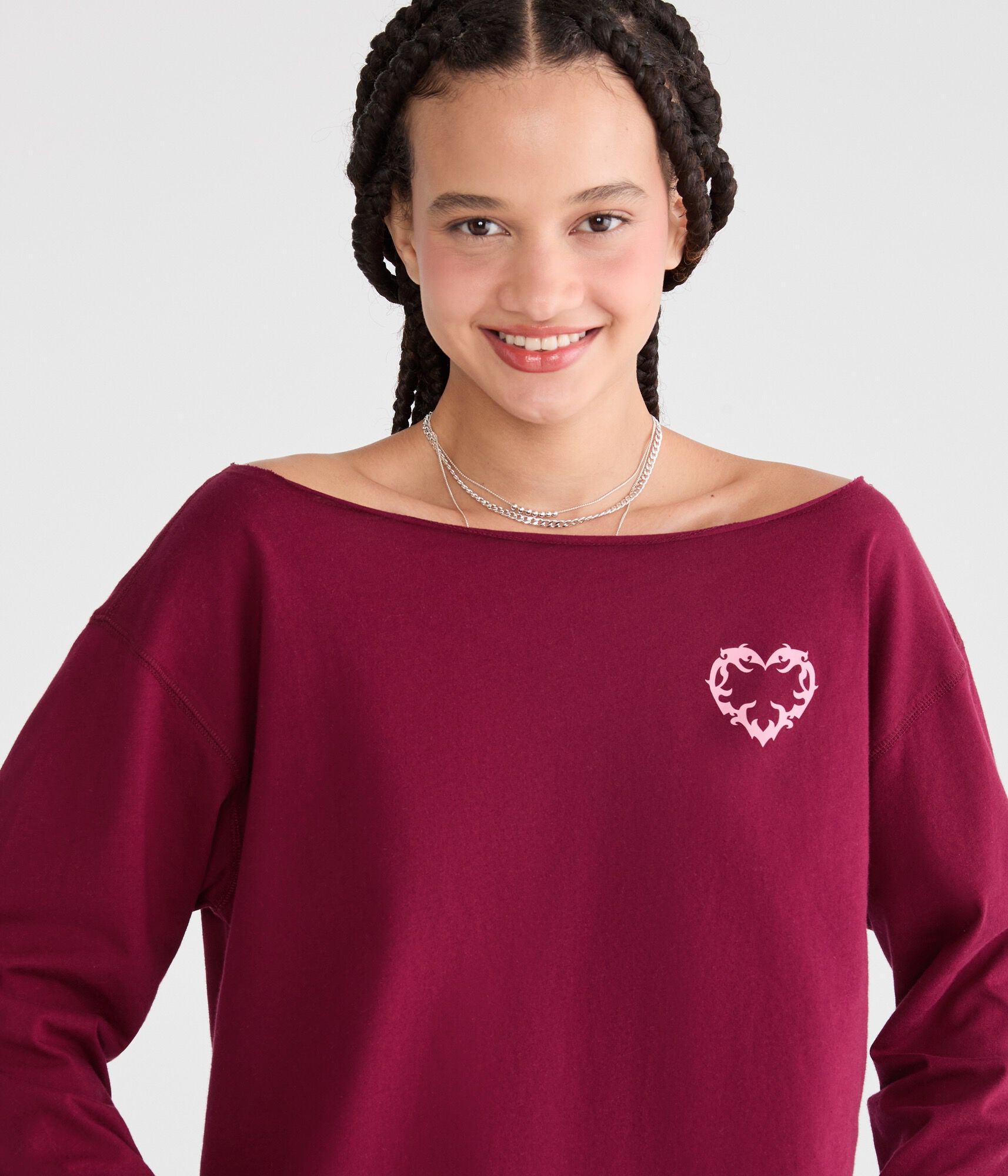 Long Sleeve Heart Off-The-Shoulder Vintage Fit Graphic Tee
