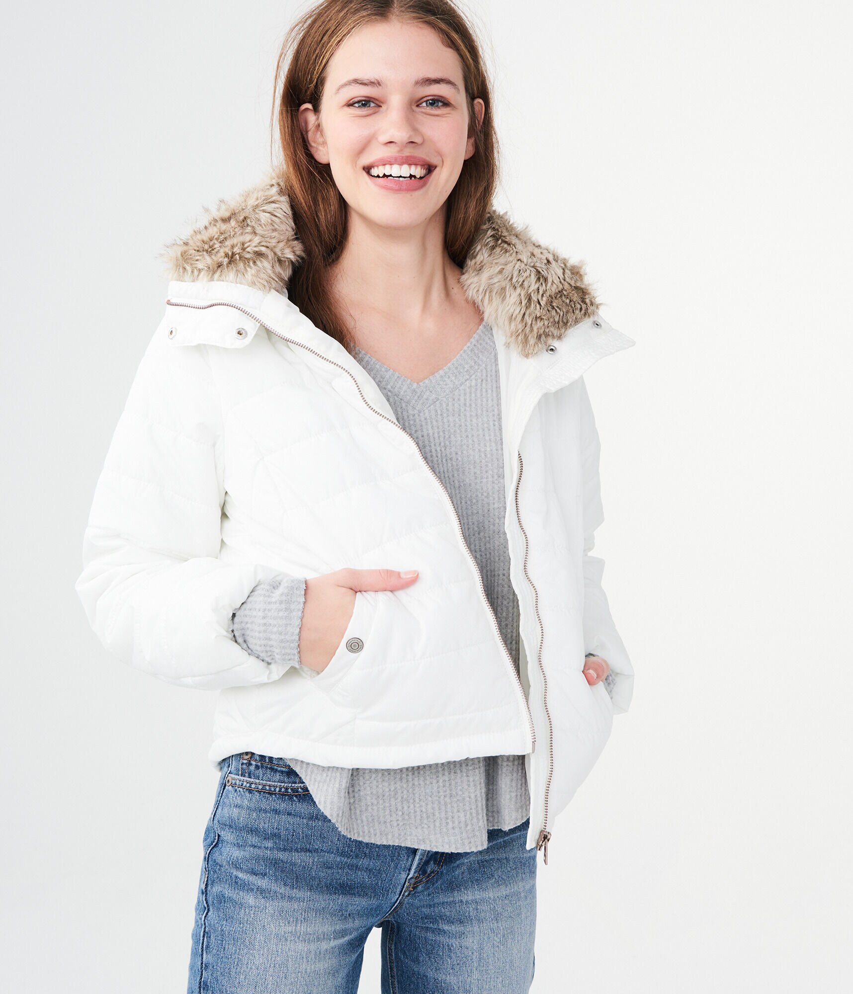 Solid Faux Fur-Trim Puffer Jacket