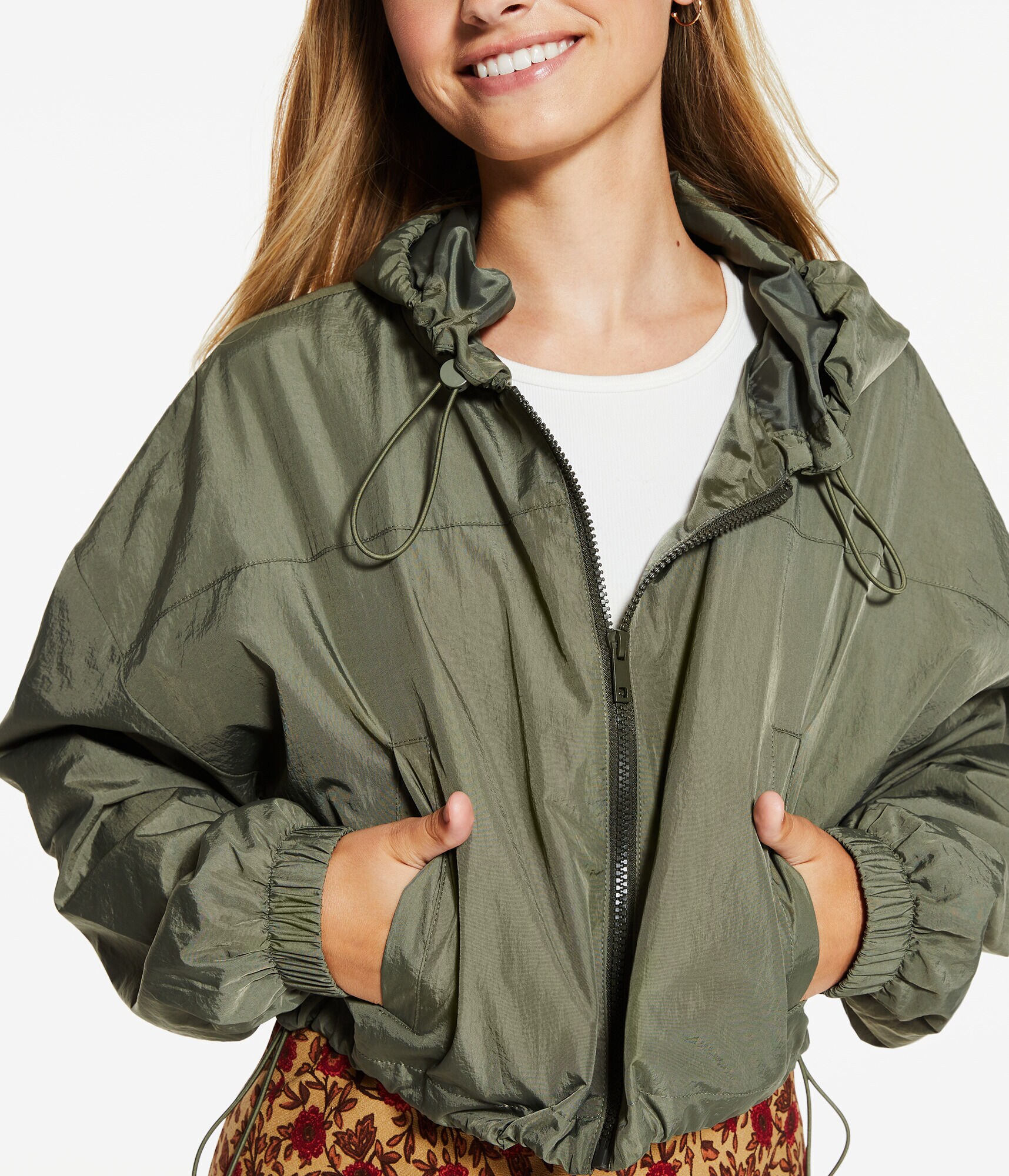 Solid Cropped Hooded Windbreaker Jacket