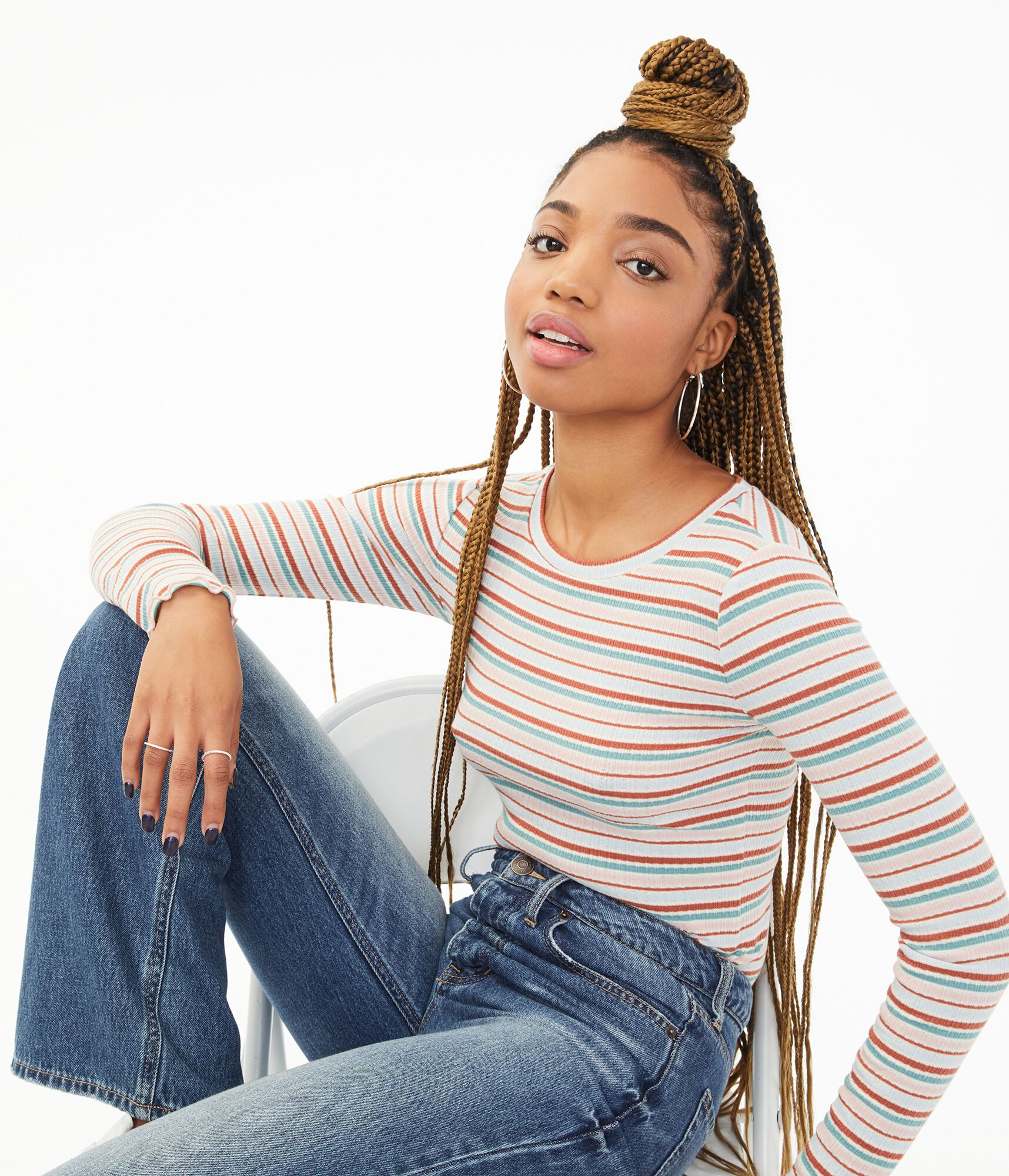 Long Sleeve Striped Ribbed Shrunken Tee