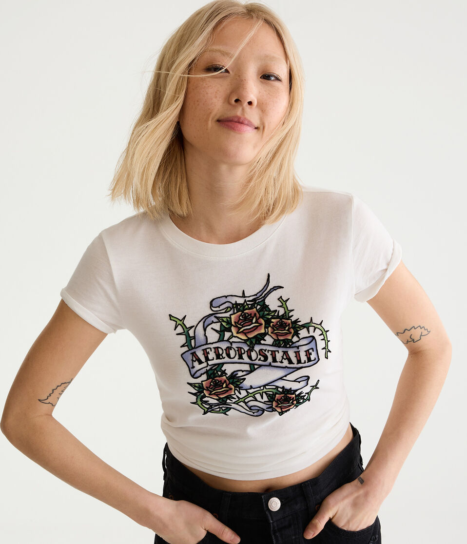 Aeropostale Thorny Roses Flocked Graphic Tee