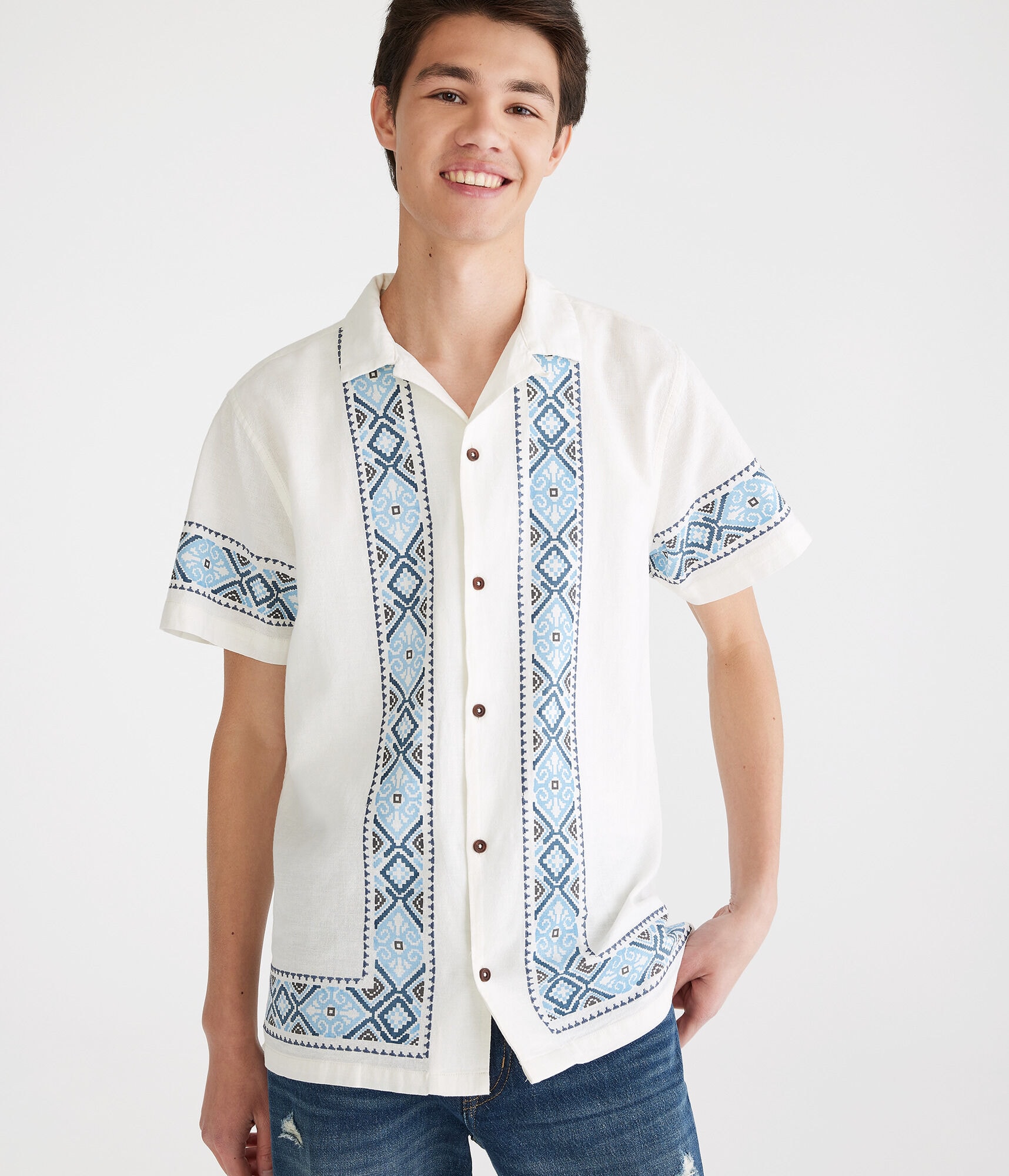 Geometric Border Print Camp Shirt