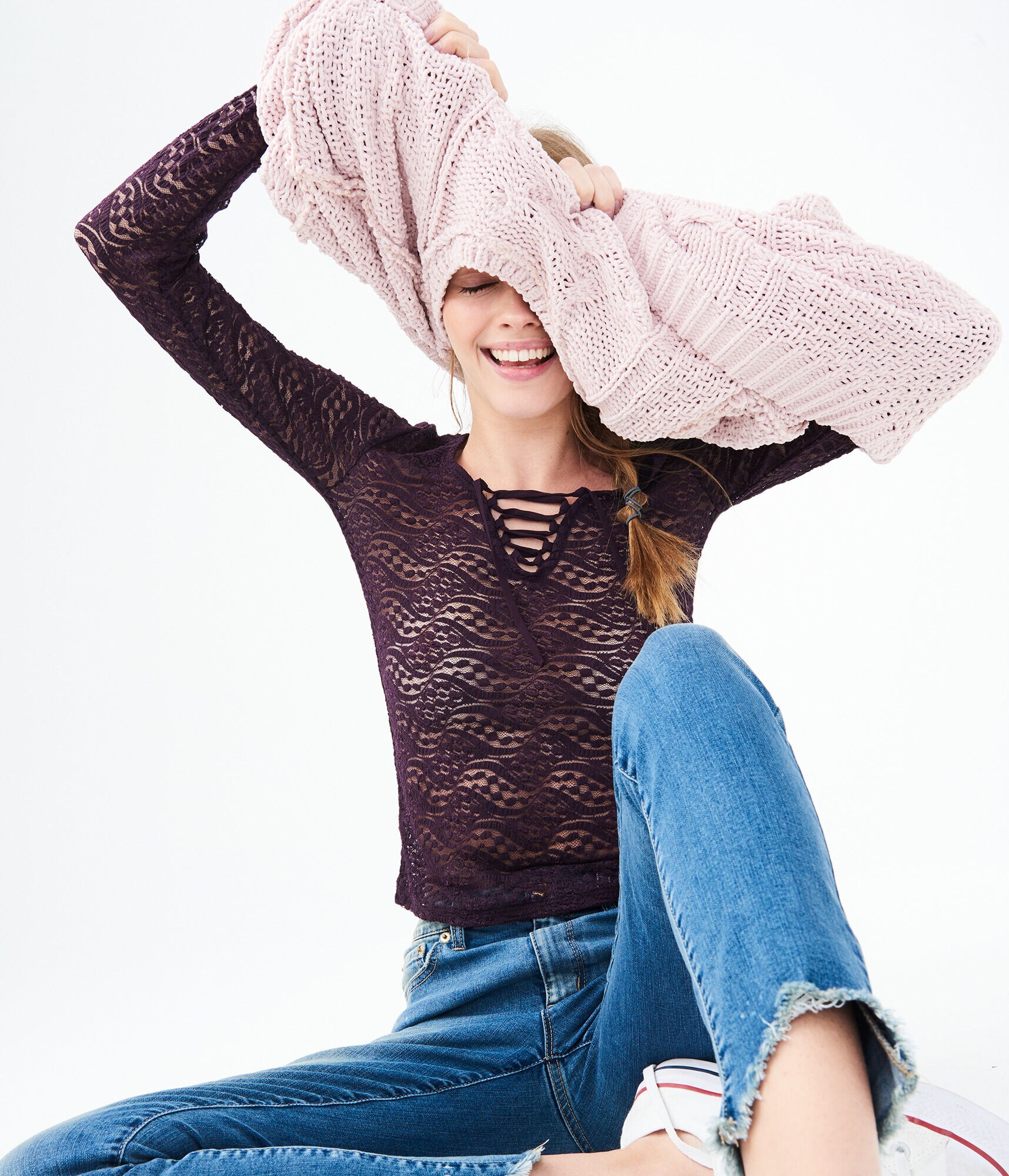 Long Sleeve Sheer Lace Tie-Front Top