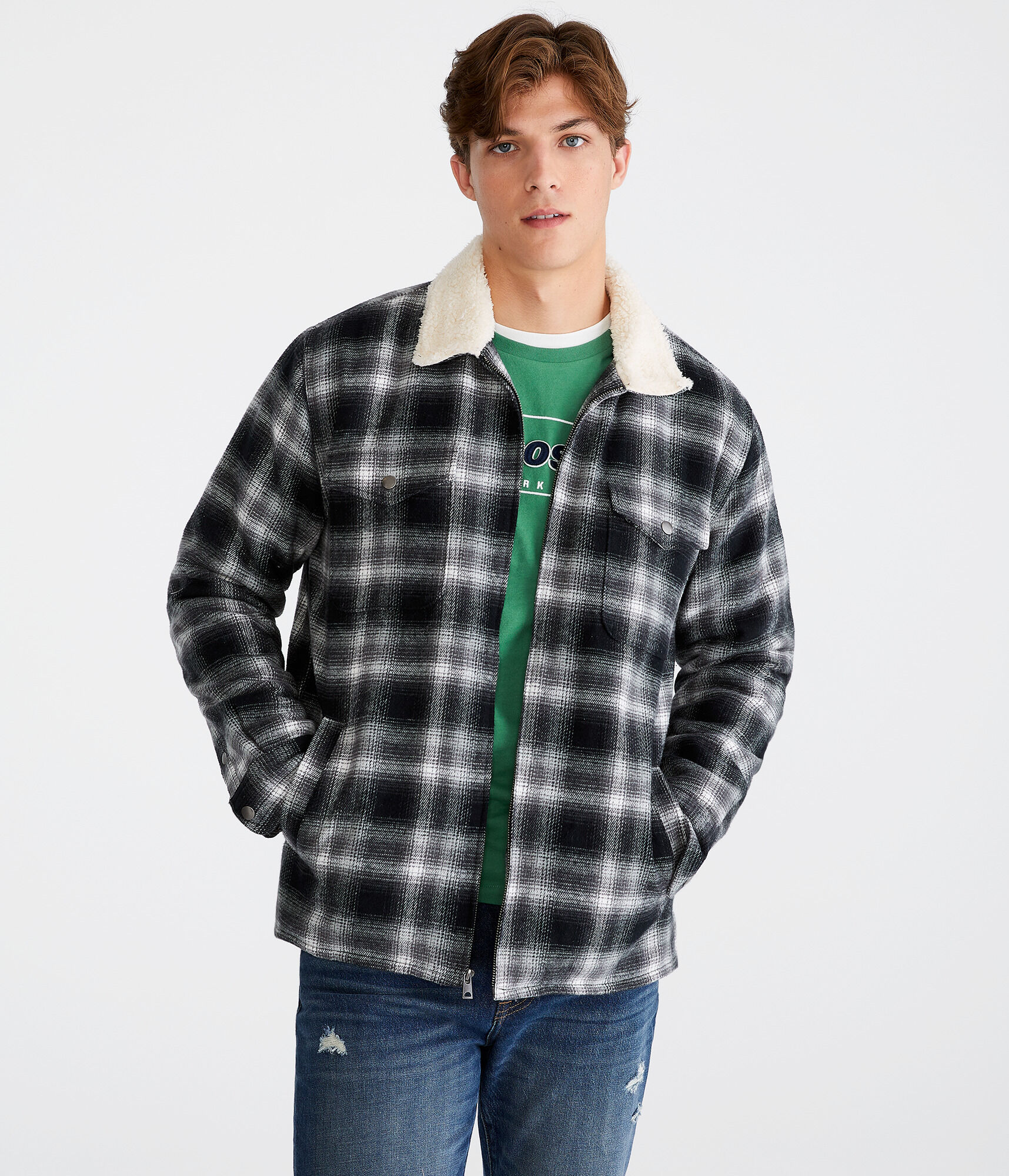 Plaid Sherpa-Lined Full-Zip Flannel Shacket