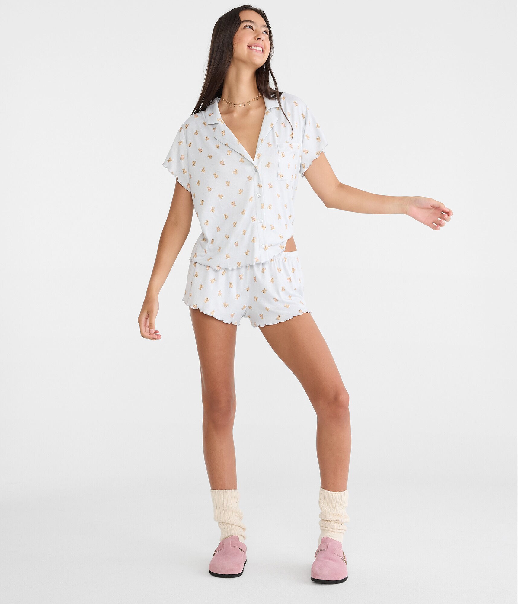 Printed Pointelle Knit Sleep Shorts